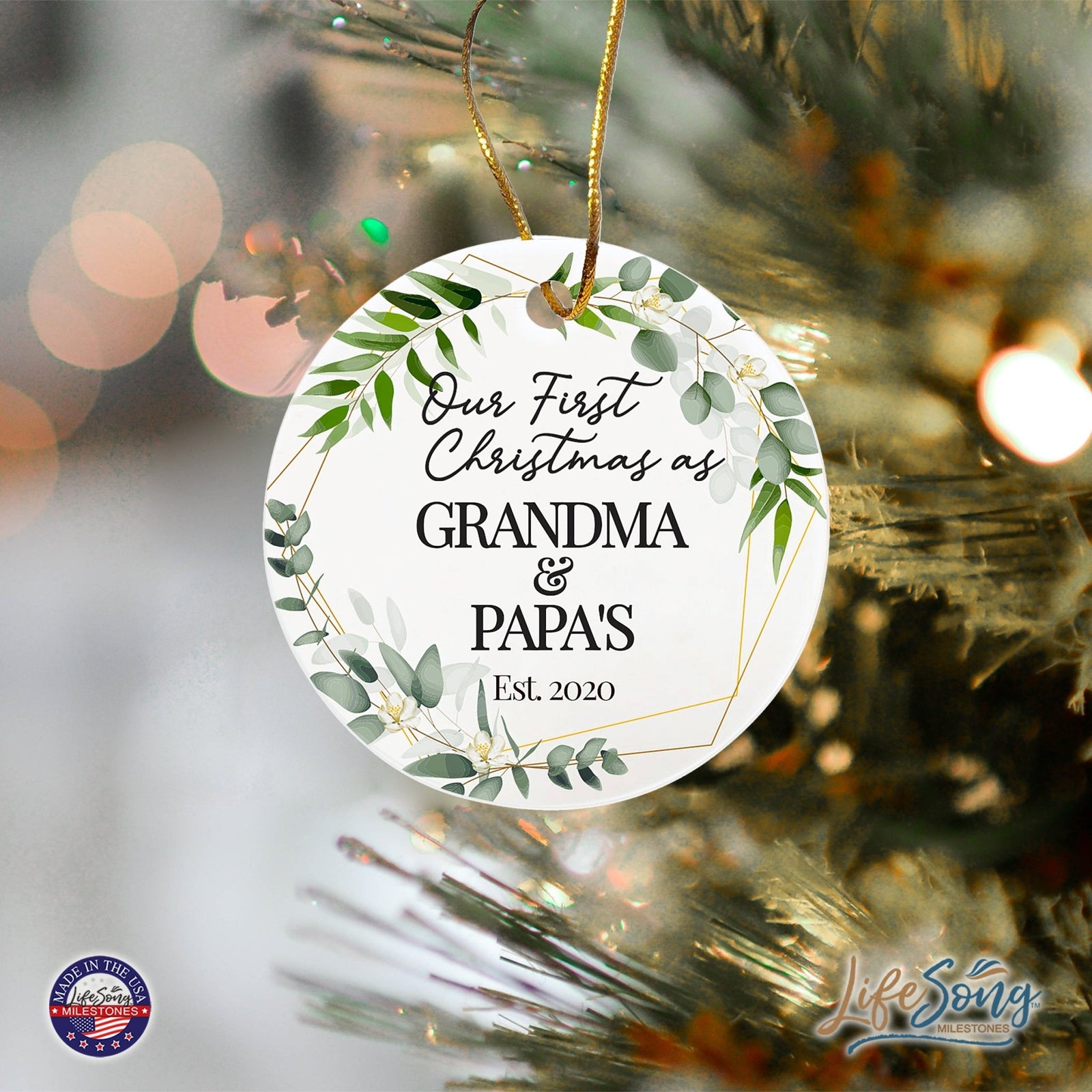 Personalized 2.75in Christmas Ceramic White Round Ornament for Grandparents - Our First Christmas - LifeSong Milestones