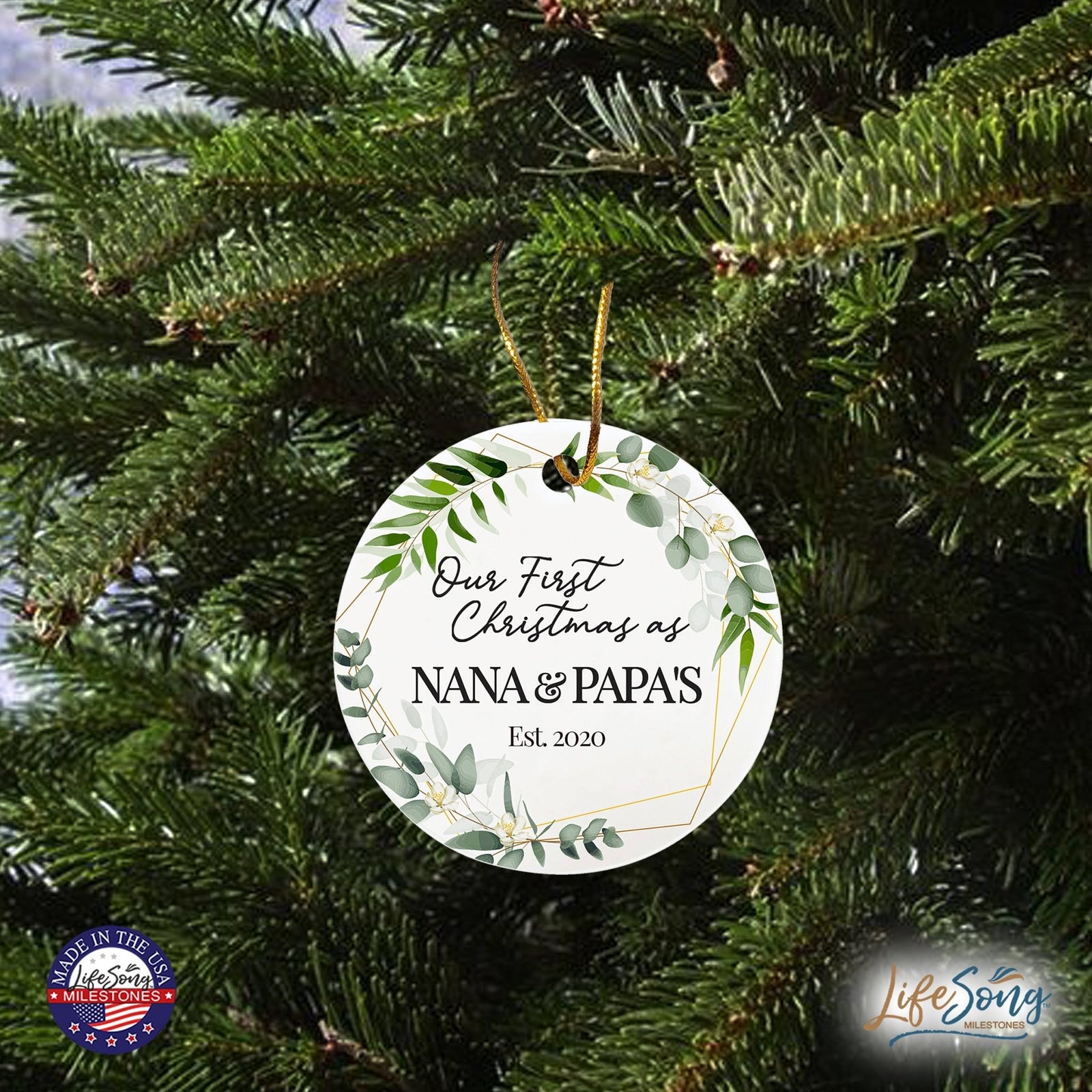 Personalized 2.75in Christmas Ceramic White Round Ornament for Grandparents - Our First Christmas - LifeSong Milestones