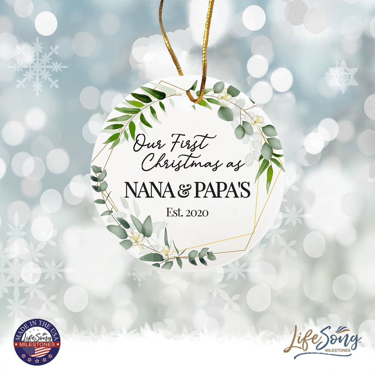 Personalized 2.75in Christmas Ceramic White Round Ornament for Grandparents - Our First Christmas - LifeSong Milestones