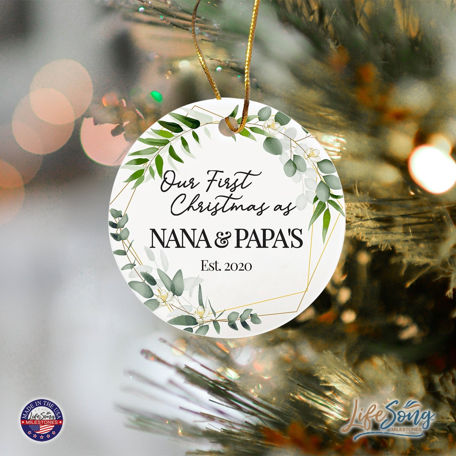 Personalized 2.75in Christmas Ceramic White Round Ornament for Grandparents - Our First Christmas - LifeSong Milestones