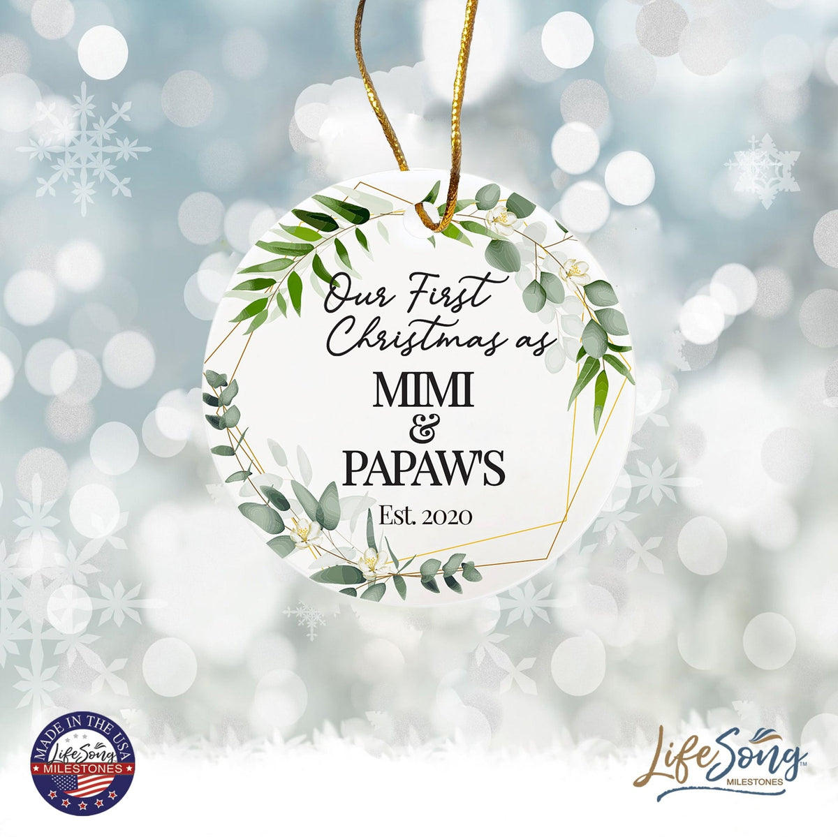 Personalized 2.75in Christmas Ceramic White Round Ornament for Grandparents - Our First Christmas - LifeSong Milestones