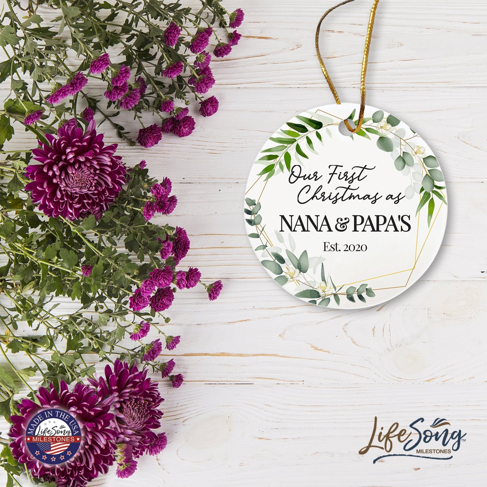 Personalized 2.75in Christmas Ceramic White Round Ornament for Grandparents - Our First Christmas - LifeSong Milestones