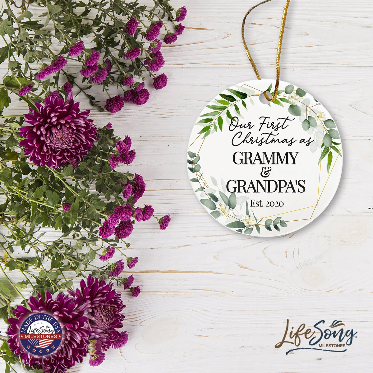 Personalized 2.75in Christmas Ceramic White Round Ornament for Grandparents - Our First Christmas - LifeSong Milestones