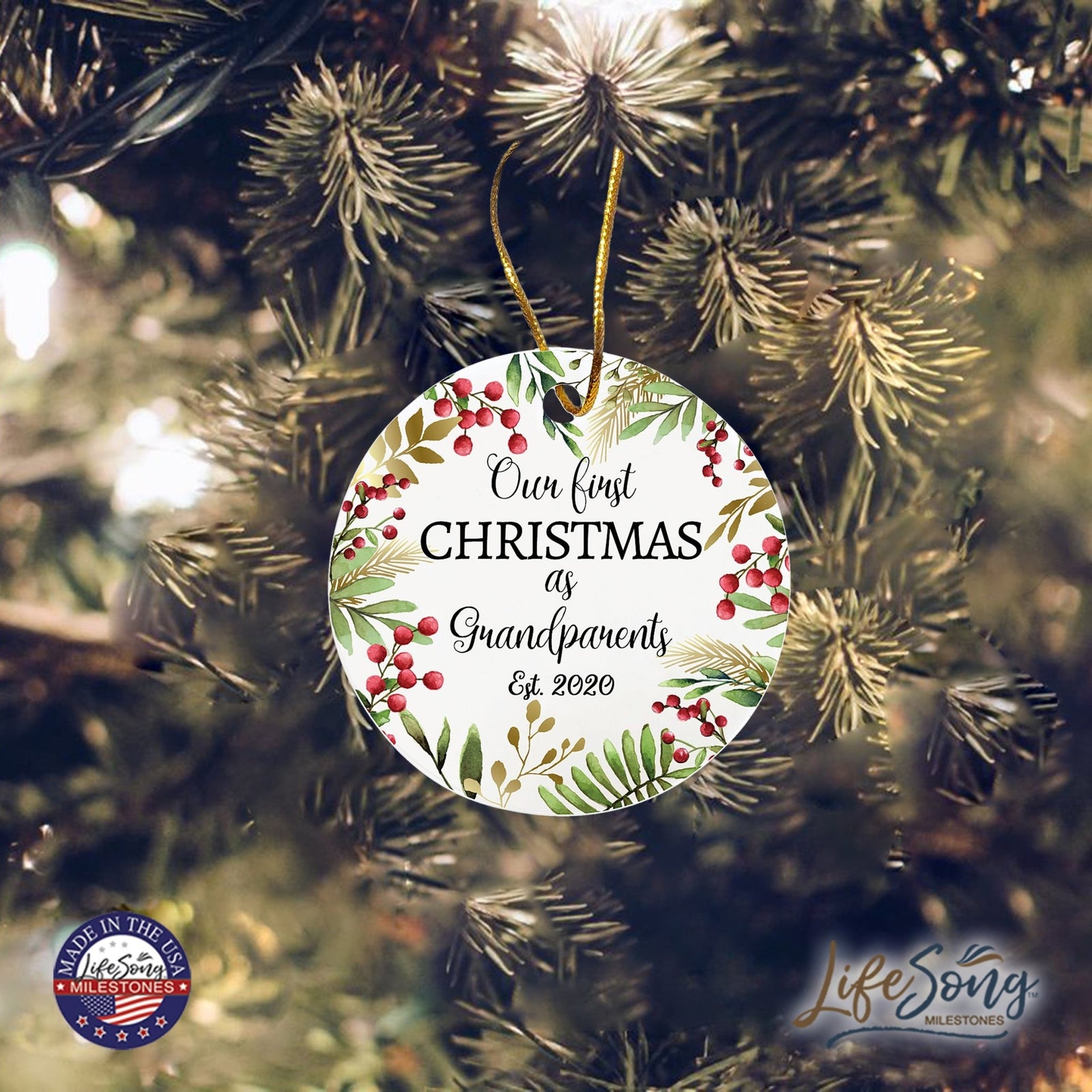 Personalized 2.75in Christmas Ceramic White Round Ornament for Grandparents - Our First Christmas as Grandparents - LifeSong Milestones
