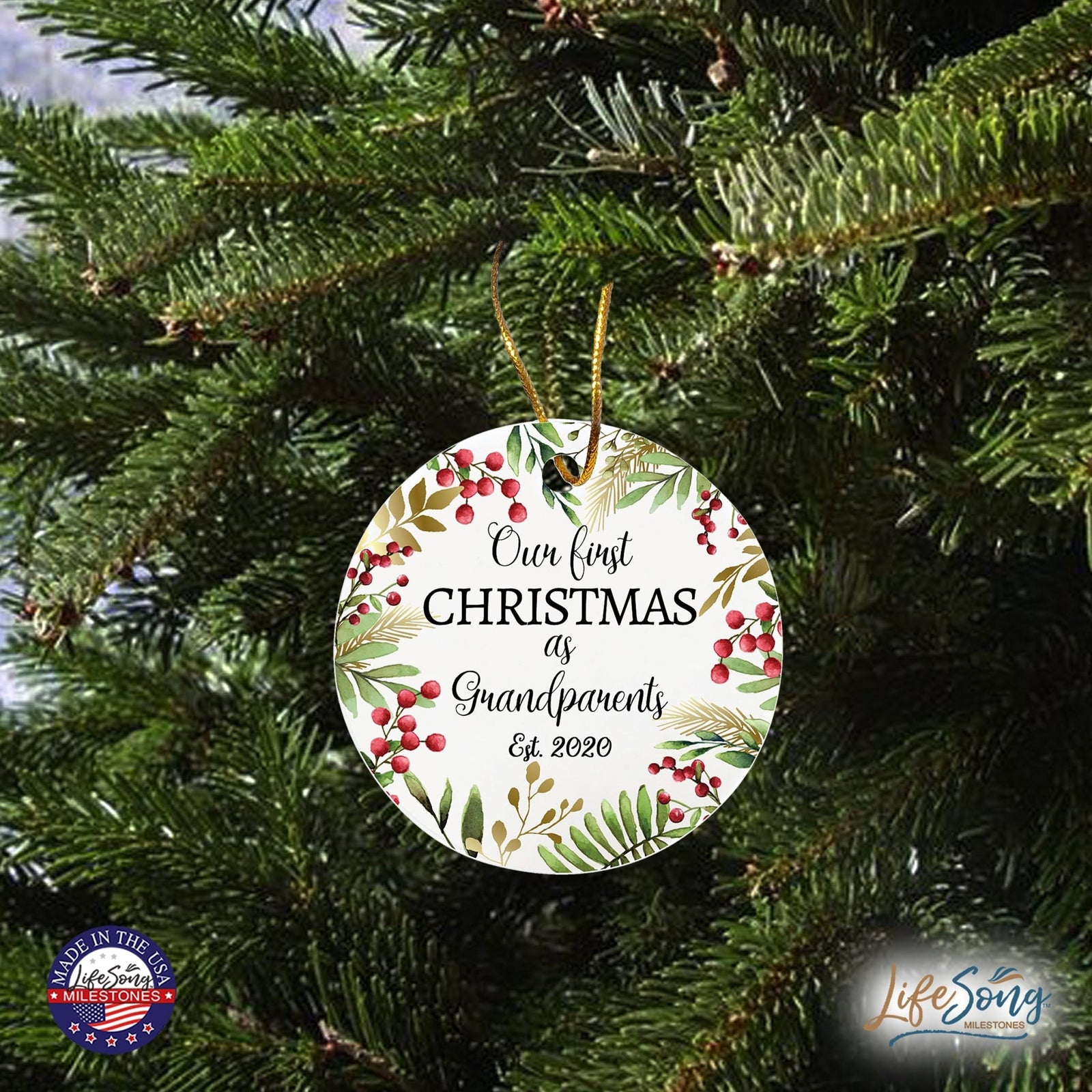Personalized 2.75in Christmas Ceramic White Round Ornament for Grandparents - Our First Christmas as Grandparents - LifeSong Milestones