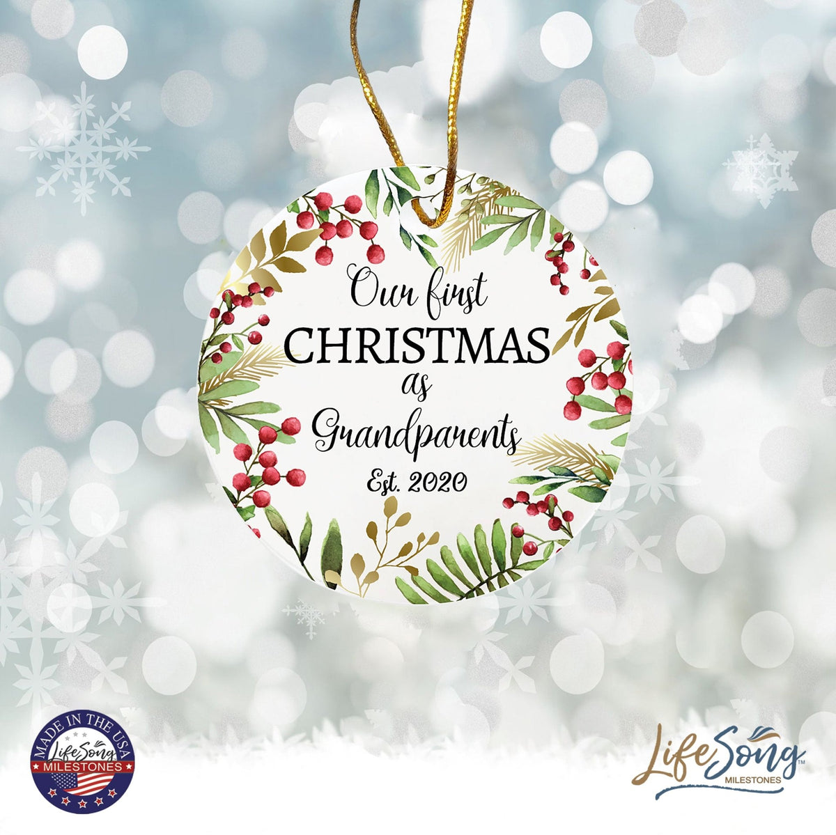 Personalized 2.75in Christmas Ceramic White Round Ornament for Grandparents - Our First Christmas as Grandparents - LifeSong Milestones