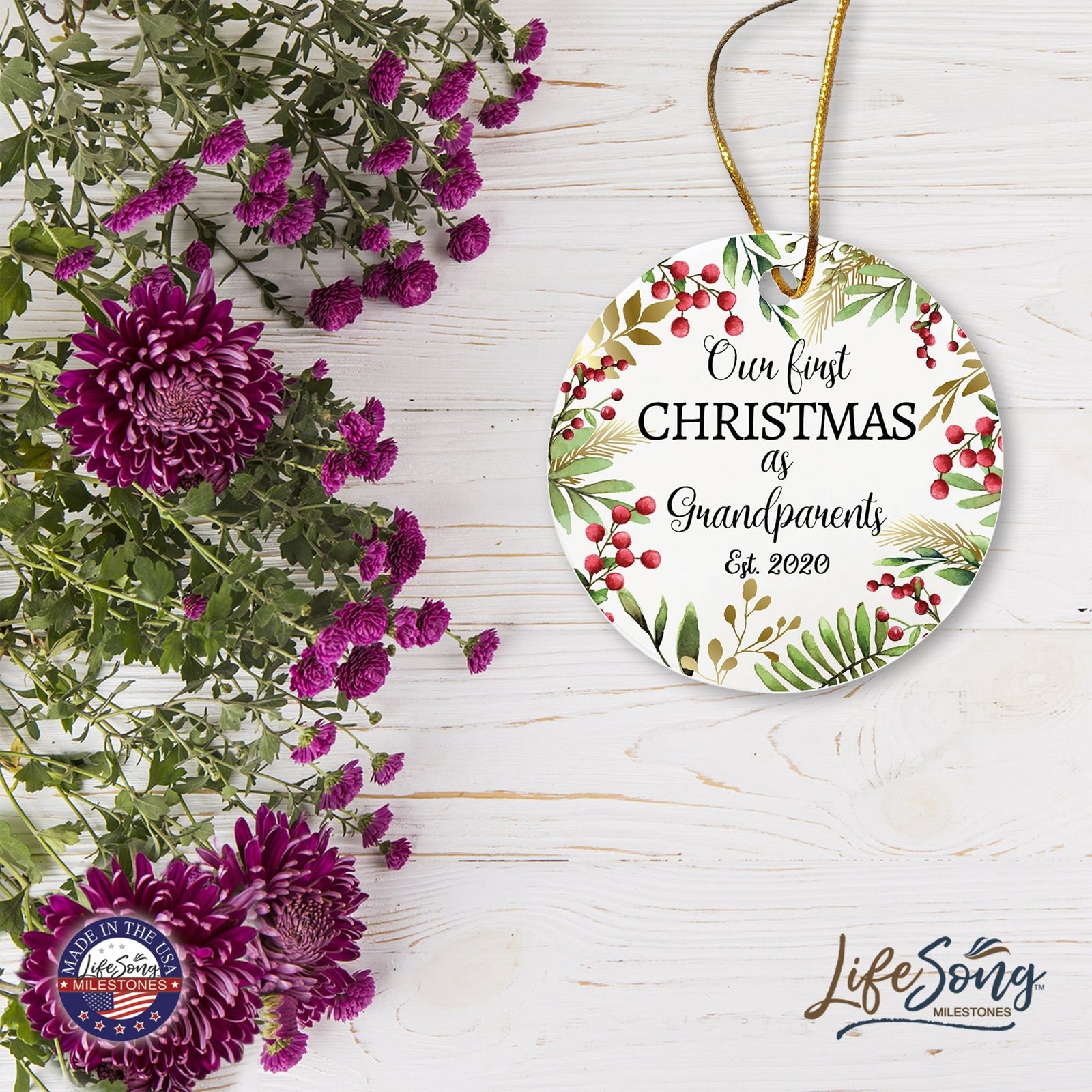 Personalized 2.75in Christmas Ceramic White Round Ornament for Grandparents - Our First Christmas as Grandparents - LifeSong Milestones
