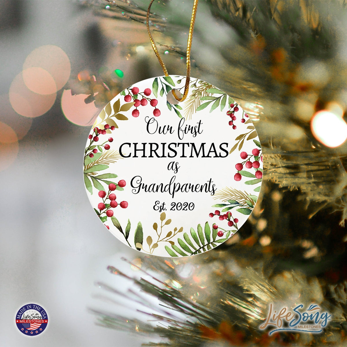 Personalized 2.75in Christmas Ceramic White Round Ornament for Grandparents - Our First Christmas as Grandparents - LifeSong Milestones