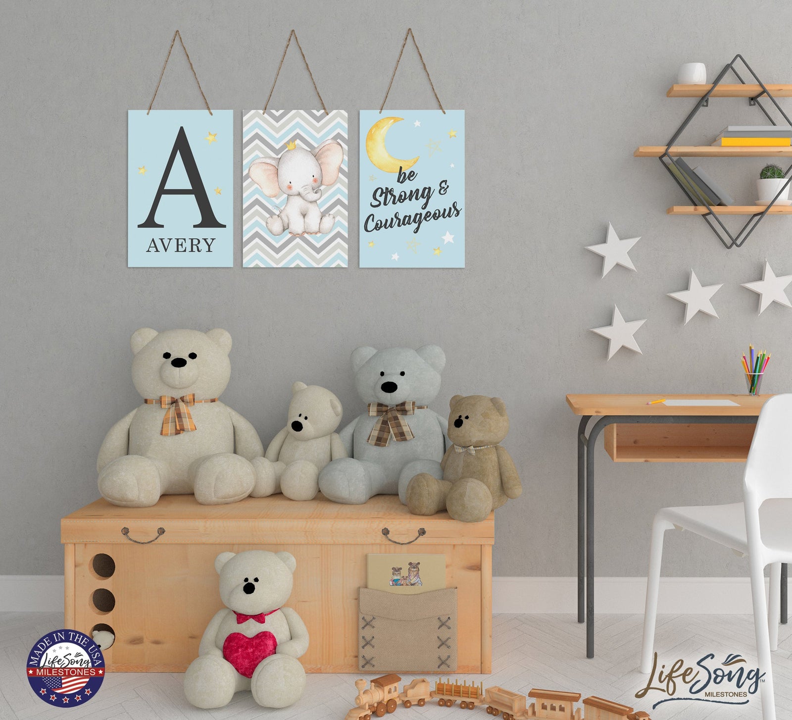 Personalized 3 Piece Nursery Wall Decor Monogram - Strong & Courageous - LifeSong Milestones