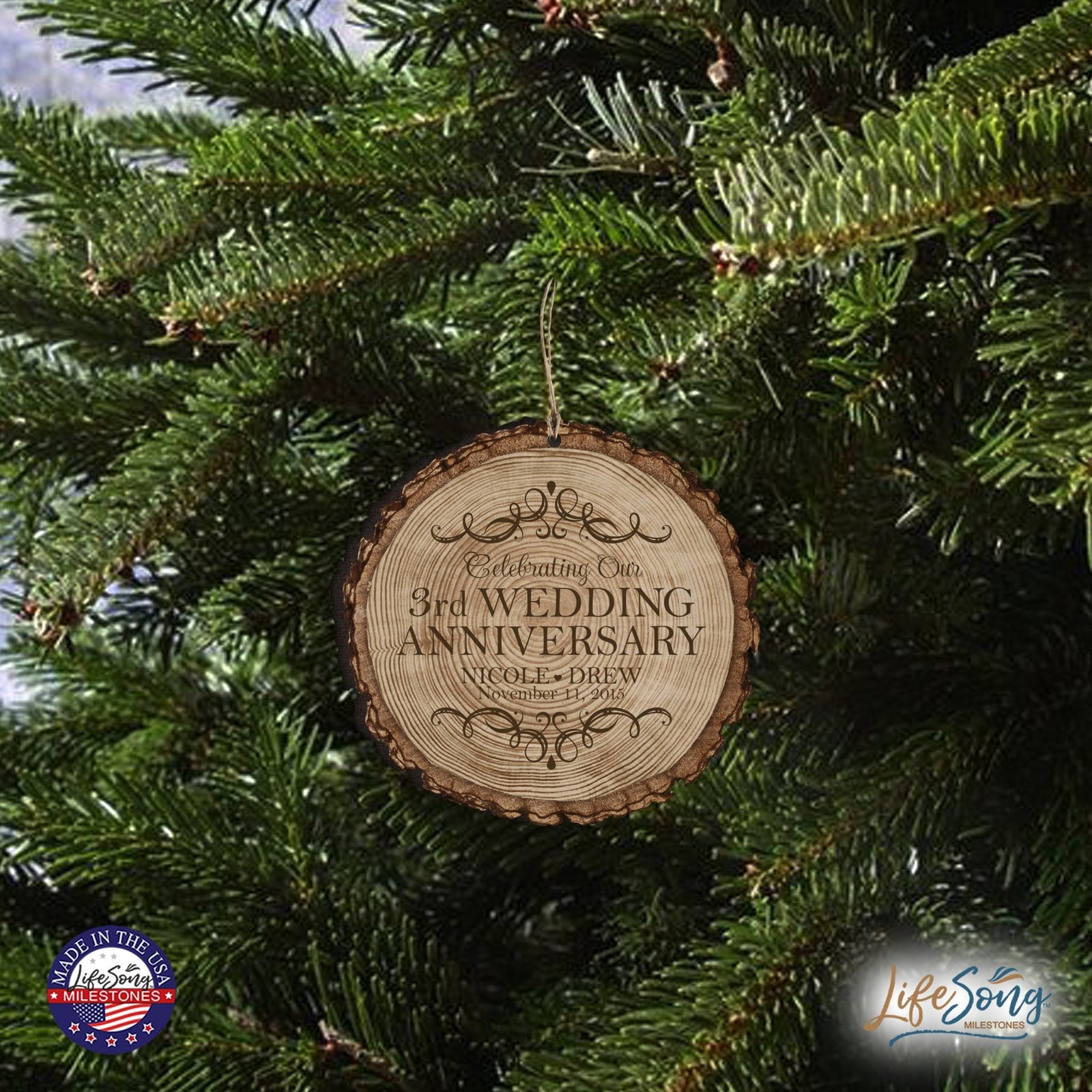 Personalized 3rd Wedding Anniversary Engraved Ornament - LifeSong Milestones