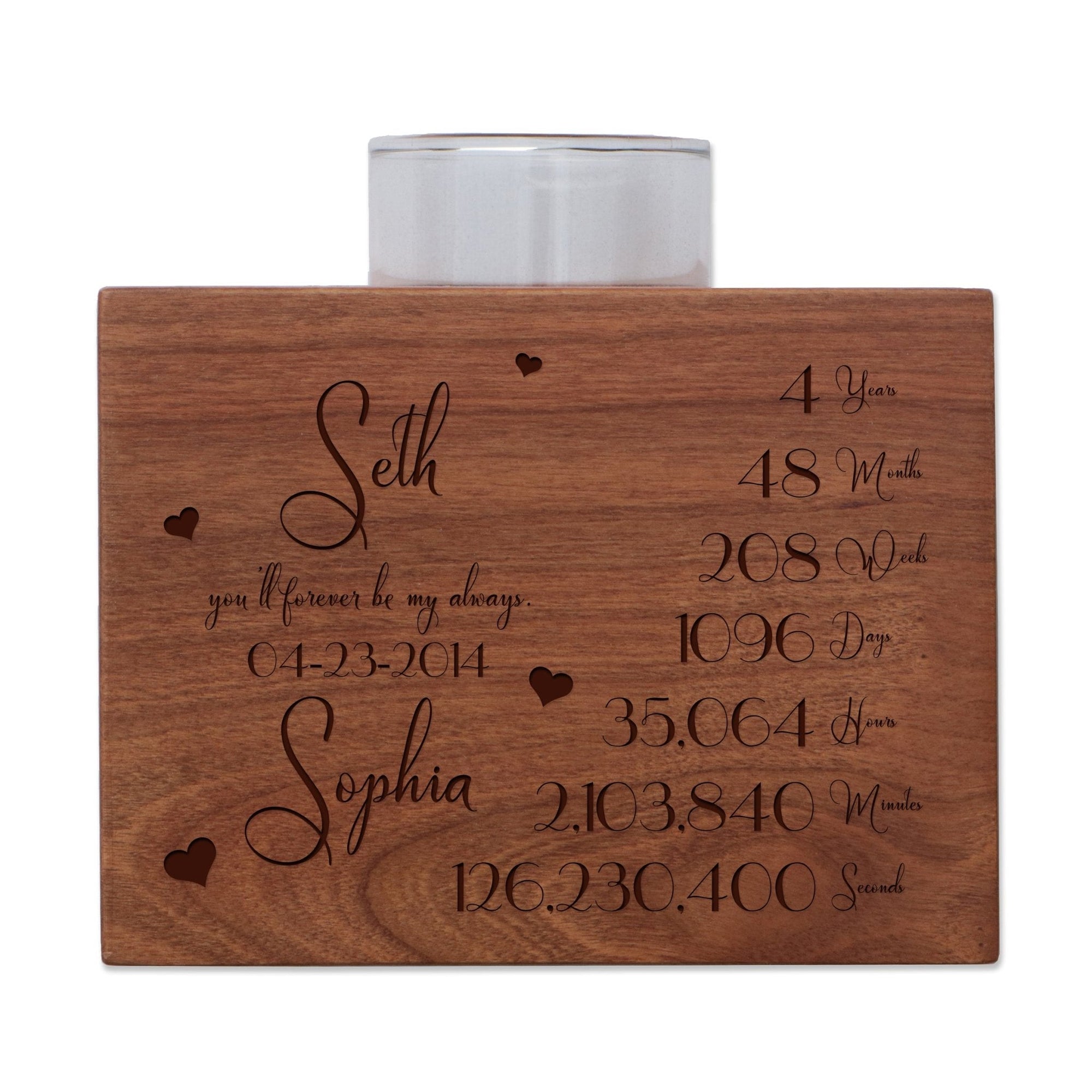 Personalized 4th Anniversary Engraved Wooden Cherry Candle Holder - LifeSong Milestones