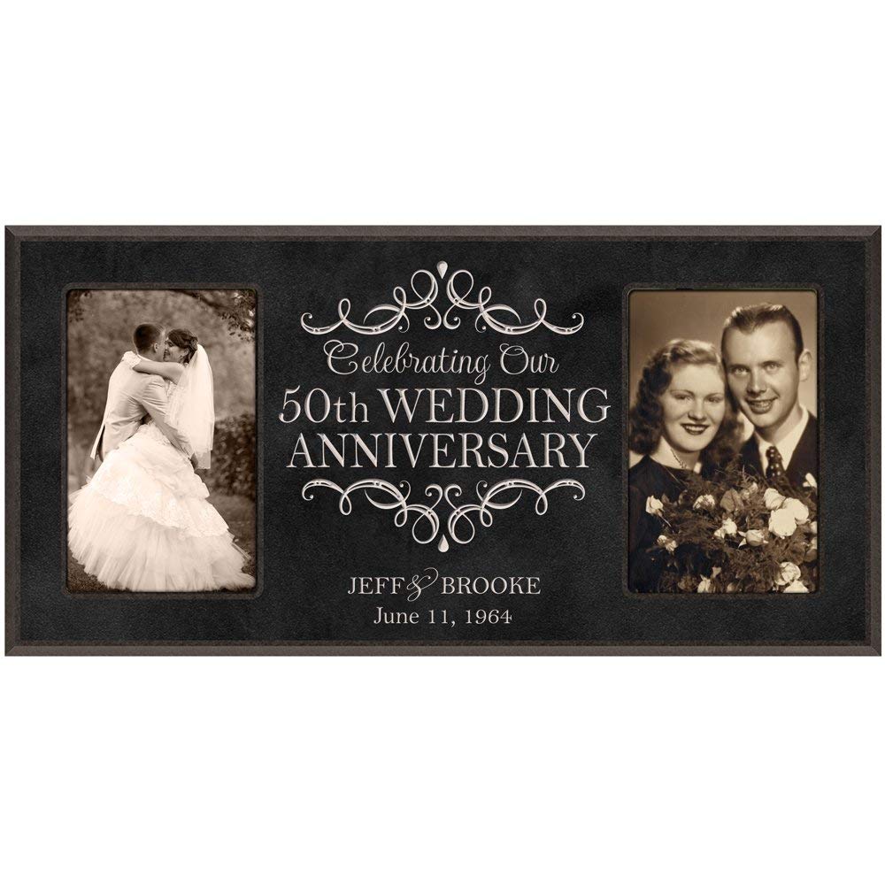 Black personalized 50th wedding anniversary double photo frame with two 4x6 vertical photos