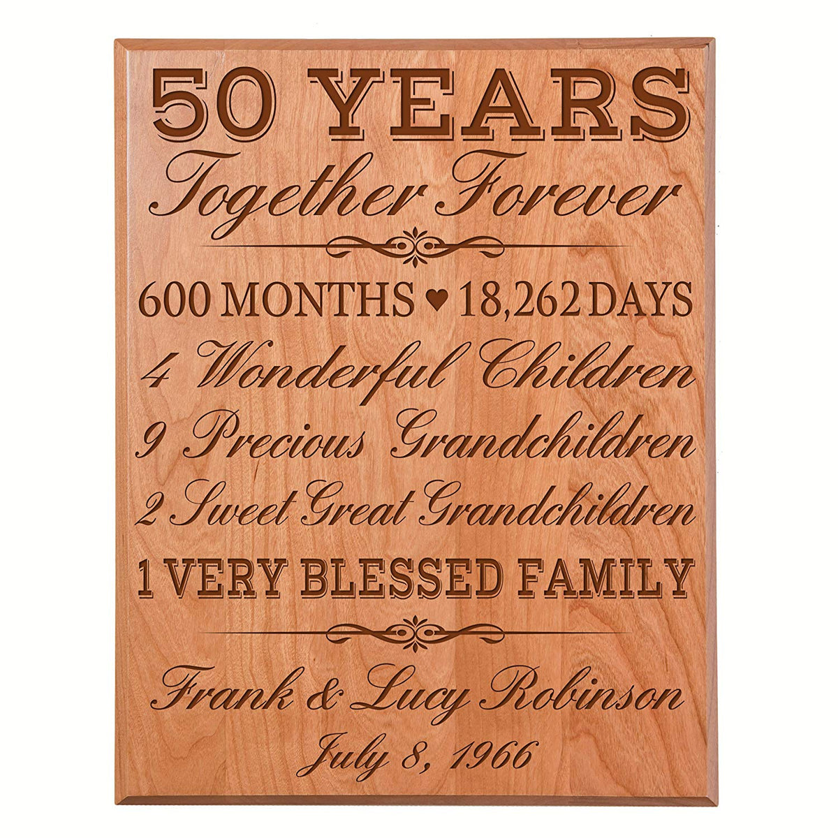 Cherry solid wood personalized 50th anniversary plaque – engraved golden anniversary gift for parents or grandparents.