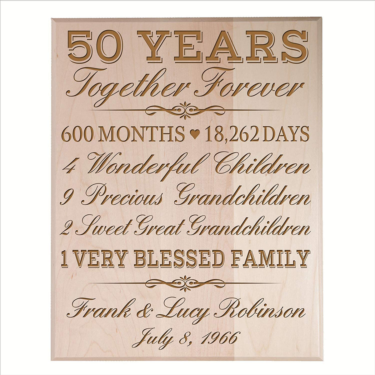 Maple solid wood 50th anniversary custom engraved plaque – unique golden anniversary keepsake by Lifesong Milestones.