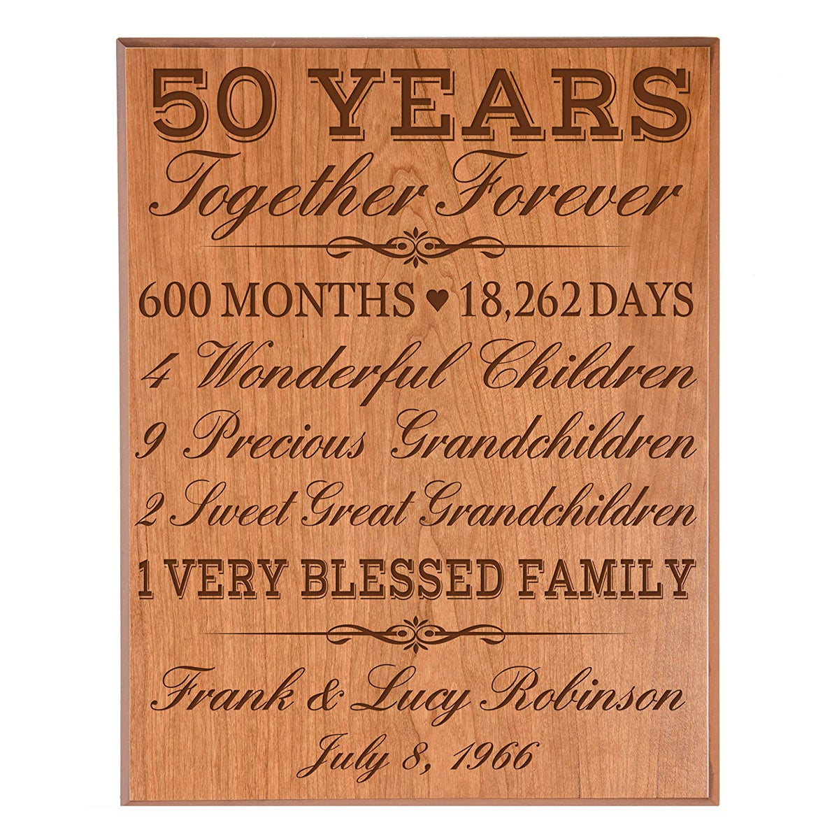 Cherry veneer wood personalized 50th anniversary plaque – custom engraved golden anniversary wall decor.