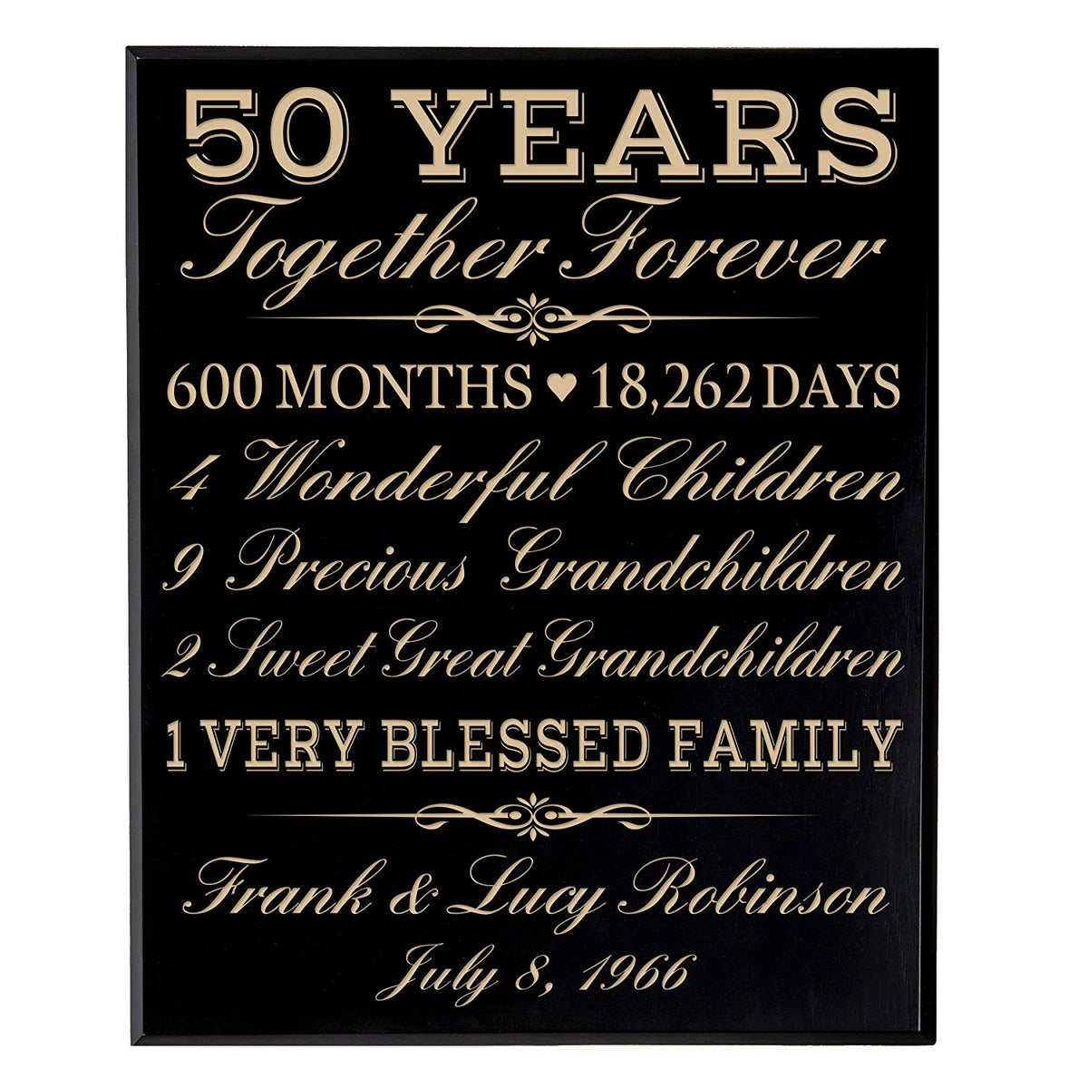 Black veneer wood 50th anniversary engraved wall plaque – personalized golden anniversary gift for couples.
