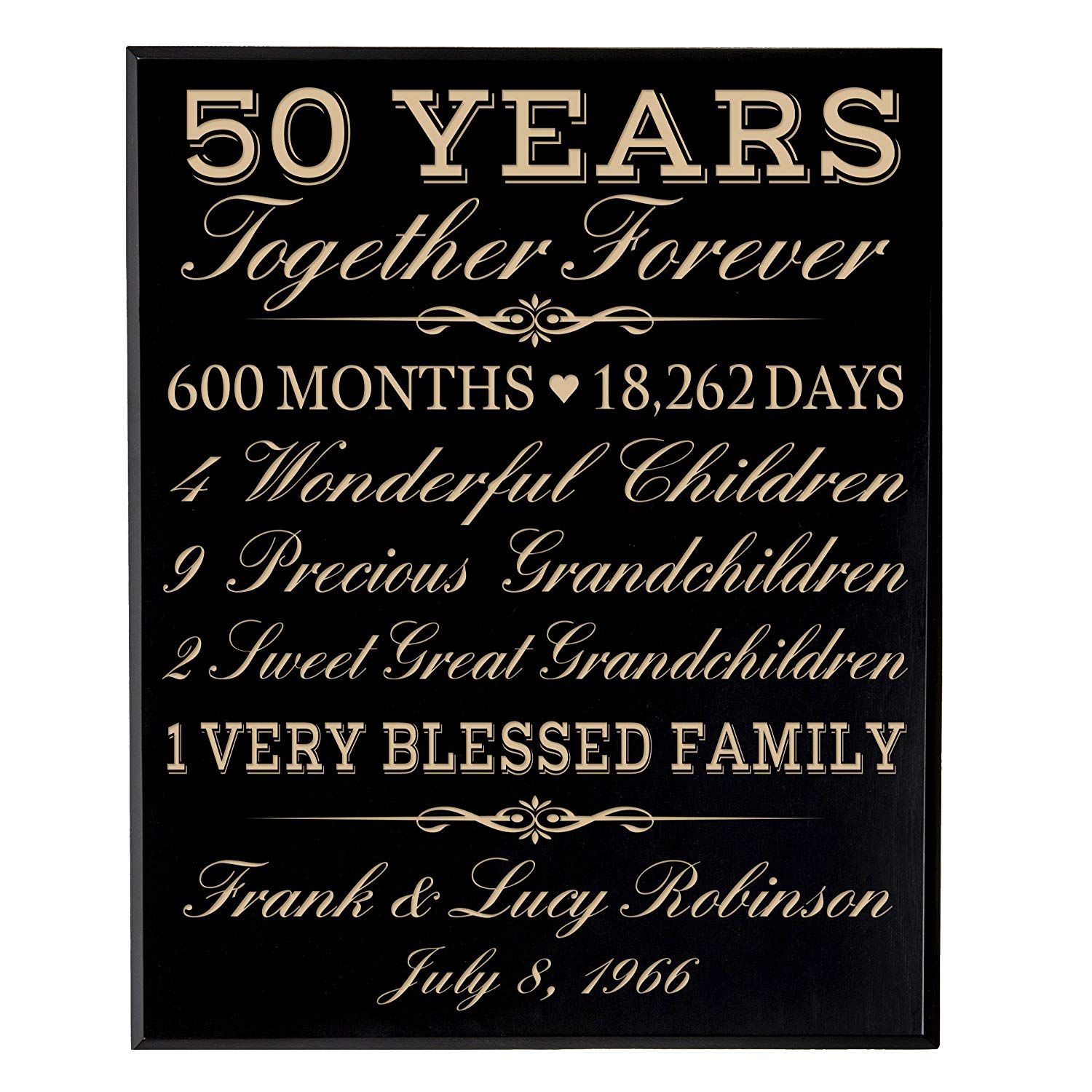 Black veneer wood 50th anniversary engraved wall plaque – personalized golden anniversary gift for couples.