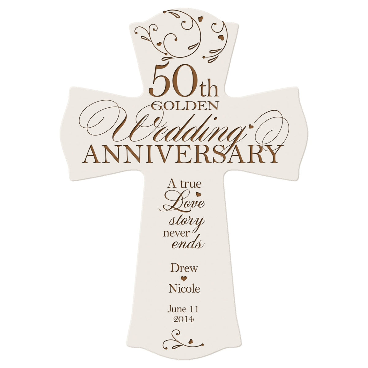 Ivory white 50th Golden Wedding Anniversary personalized cross plaque featuring names, wedding date, and elegant scroll design—Christian home décor gift for couples.
