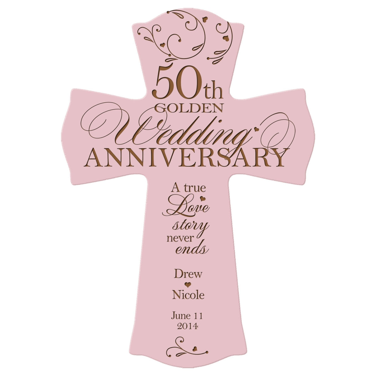 Pink personalized 50th Golden Wedding Anniversary cross plaque with custom names, wedding date, and decorative script—Christian religious anniversary gift wall décor.