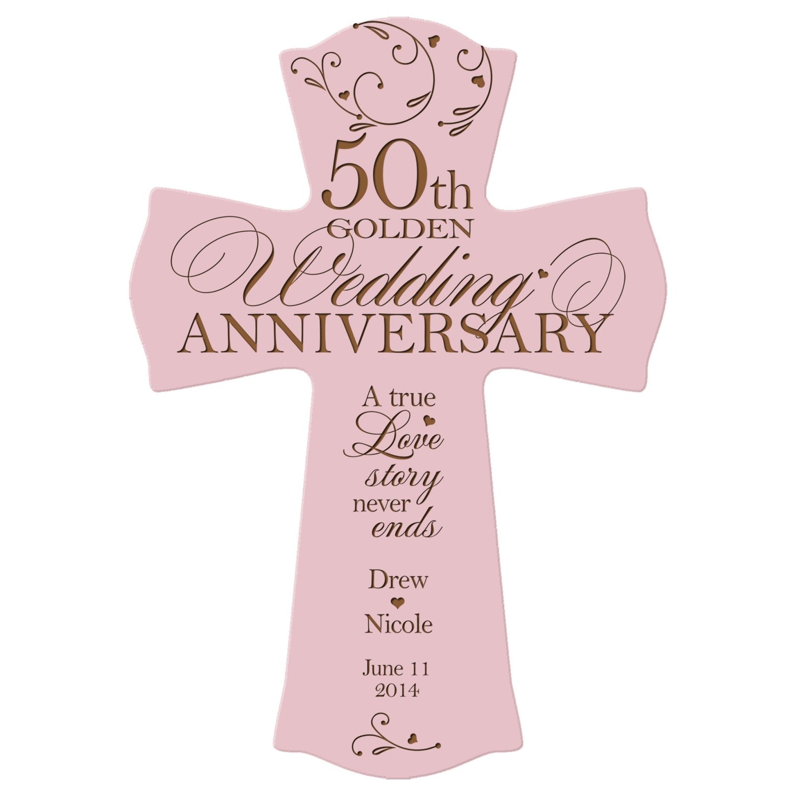 Pink personalized 50th Golden Wedding Anniversary cross plaque with custom names, wedding date, and decorative script—Christian religious anniversary gift wall décor.