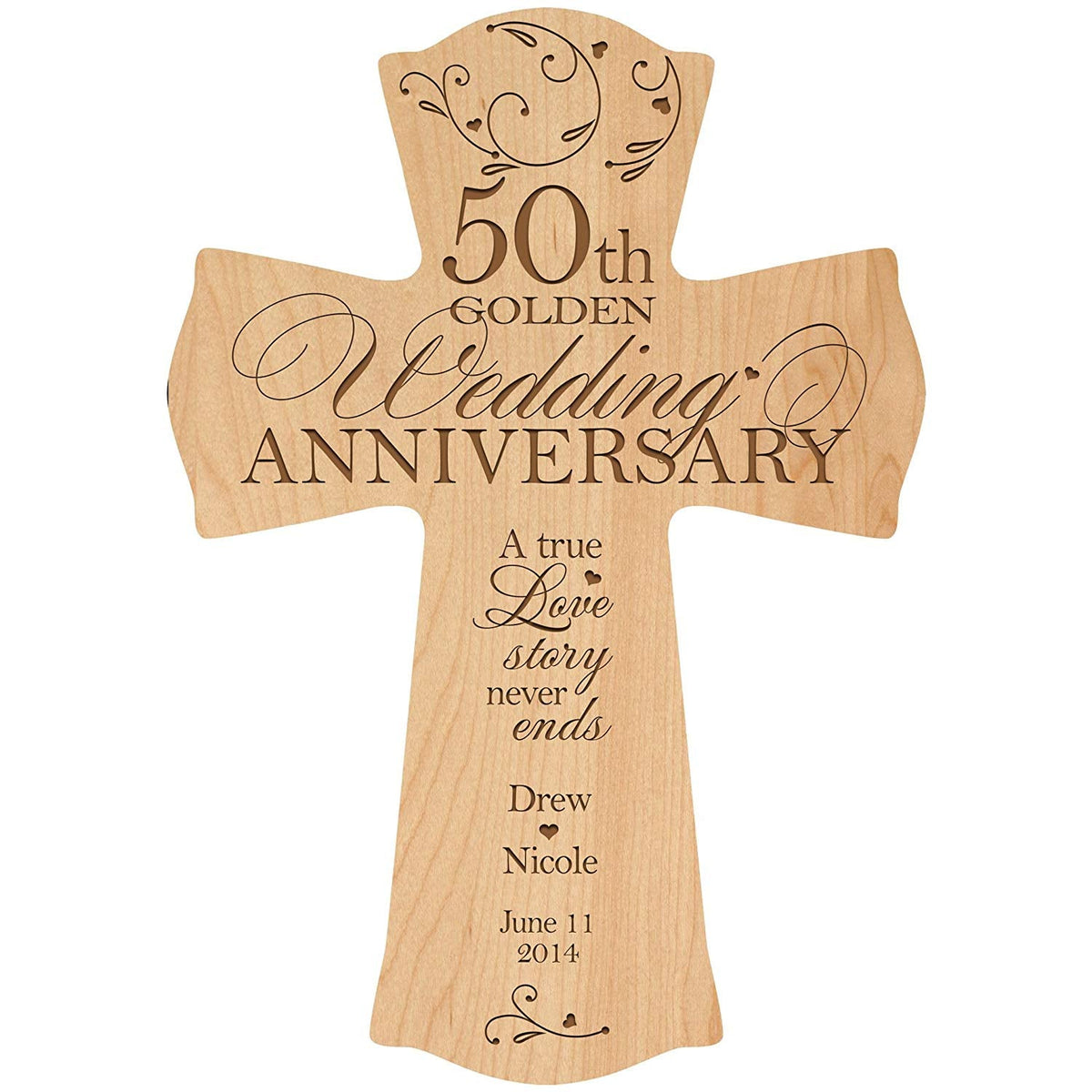Personalized 50th wedding anniversary wall cross 8.5x11 inch solid cherry wood laser engraved A True Love Story Never Ends golden anniversary gift
