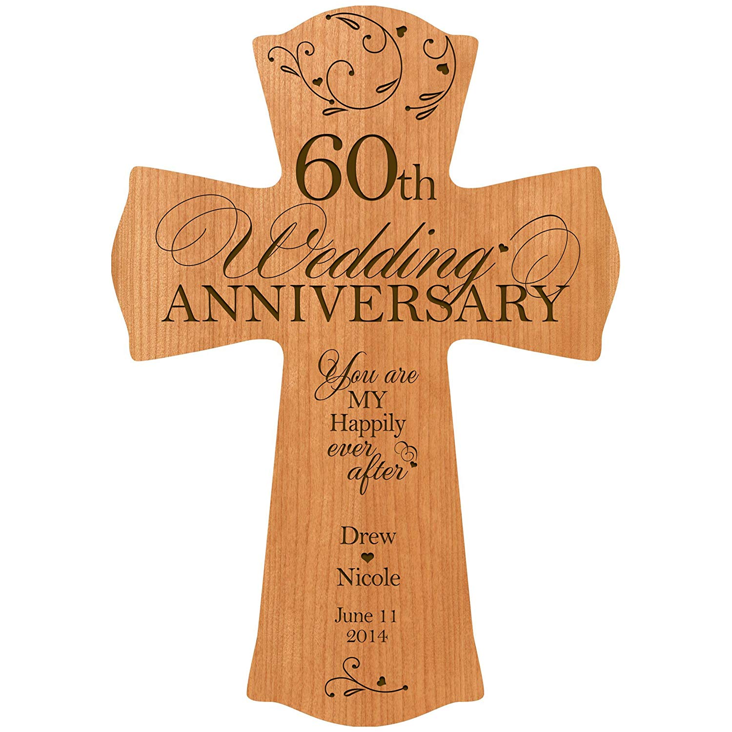Personalized 60th Wedding Anniversary Engraved Wall Cross - Happily Ever After (Cherry) - LifeSong Milestones