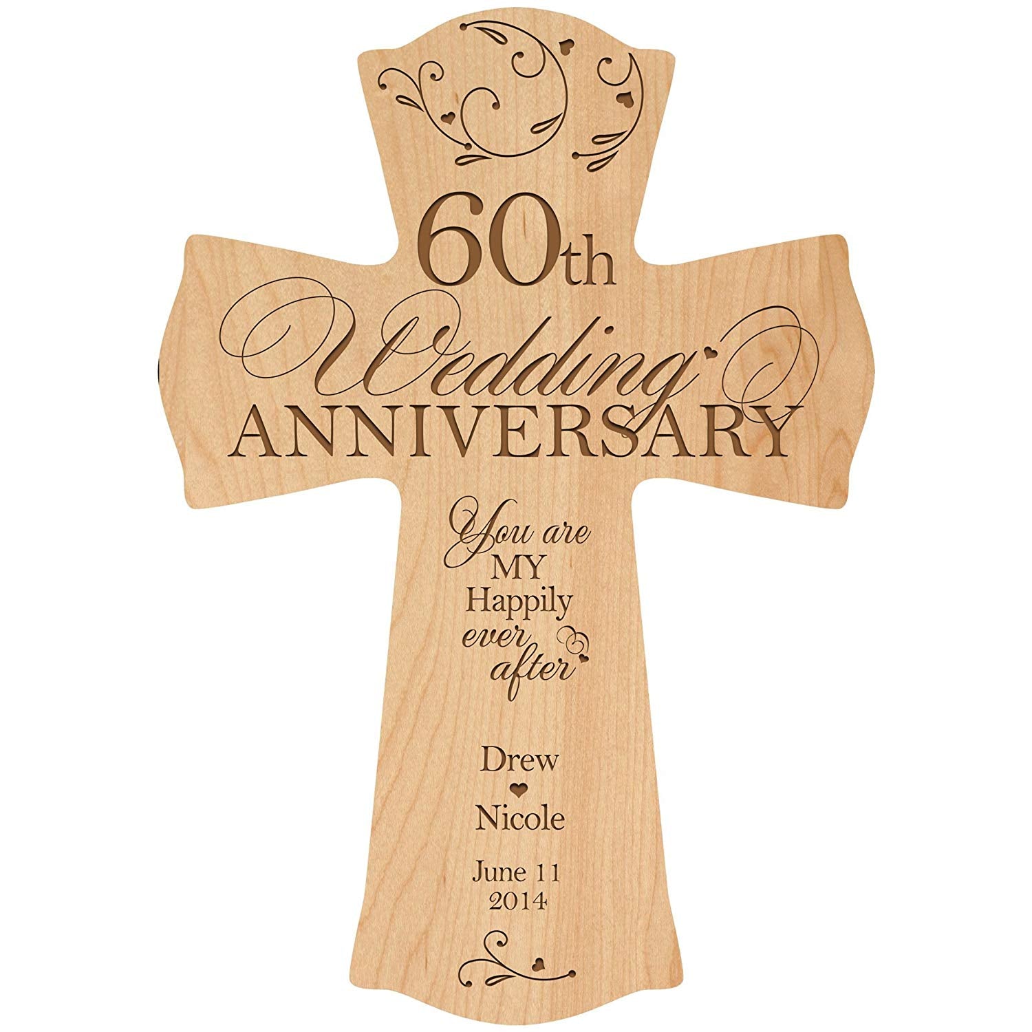 Personalized 60th Wedding Anniversary Engraved Wall Cross - Happily Ever After (Maple) - LifeSong Milestones
