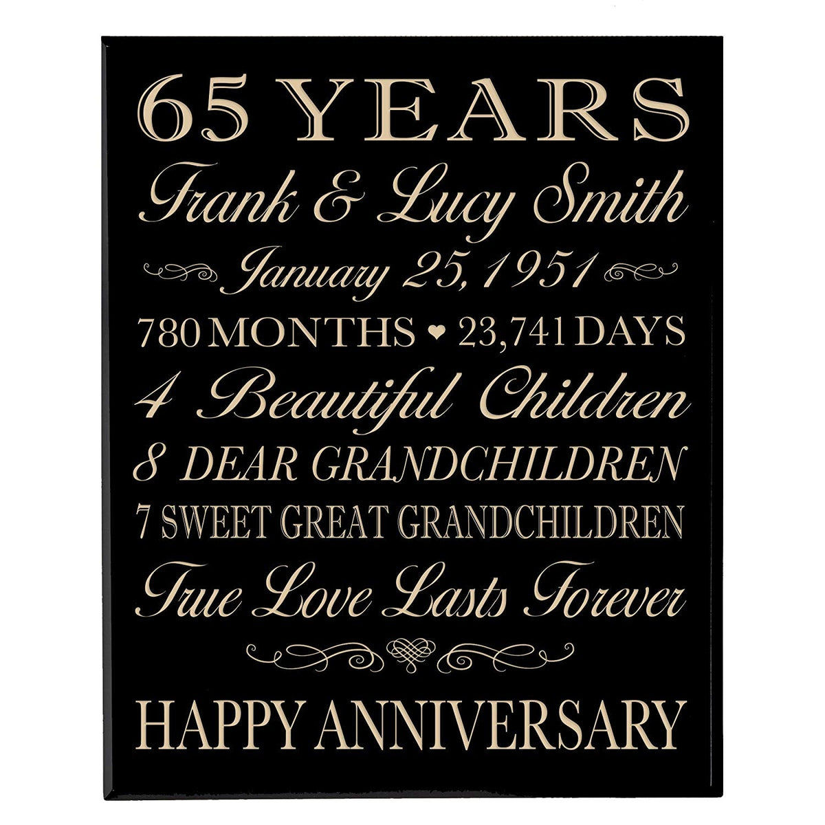 Personalized 65th Anniversary Wall Plaque - True Love Lasts Forever - LifeSong Milestones