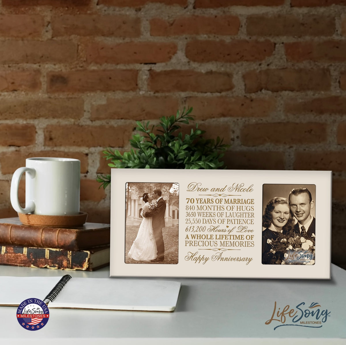 Personalized 70th Anniversary Double Photo Frame - Happy Anniversary - LifeSong Milestones