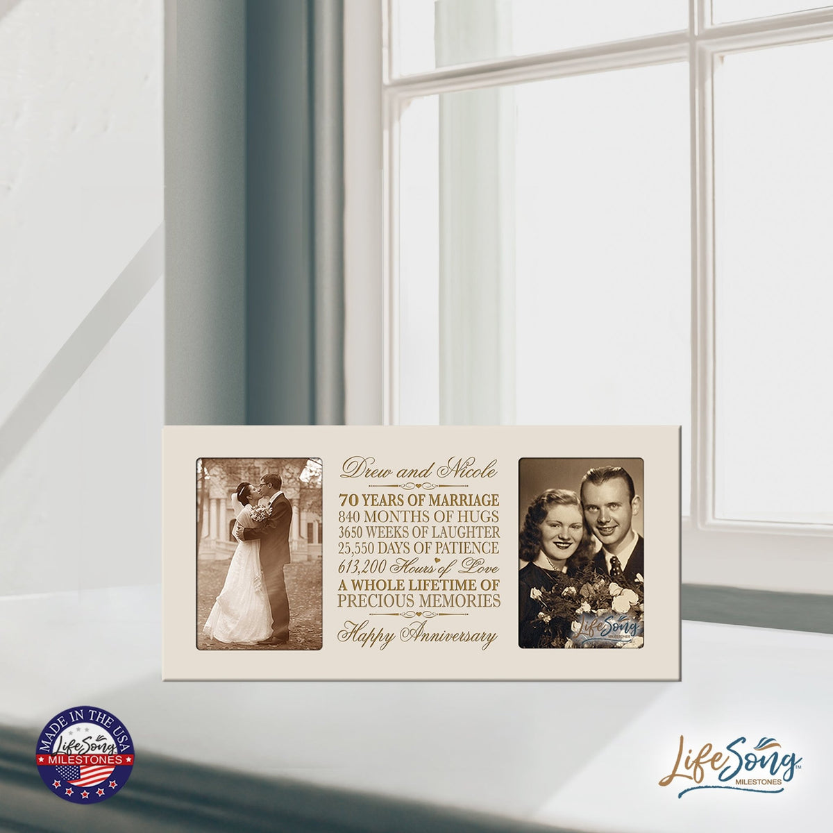 Personalized 70th Anniversary Double Photo Frame - Happy Anniversary - LifeSong Milestones