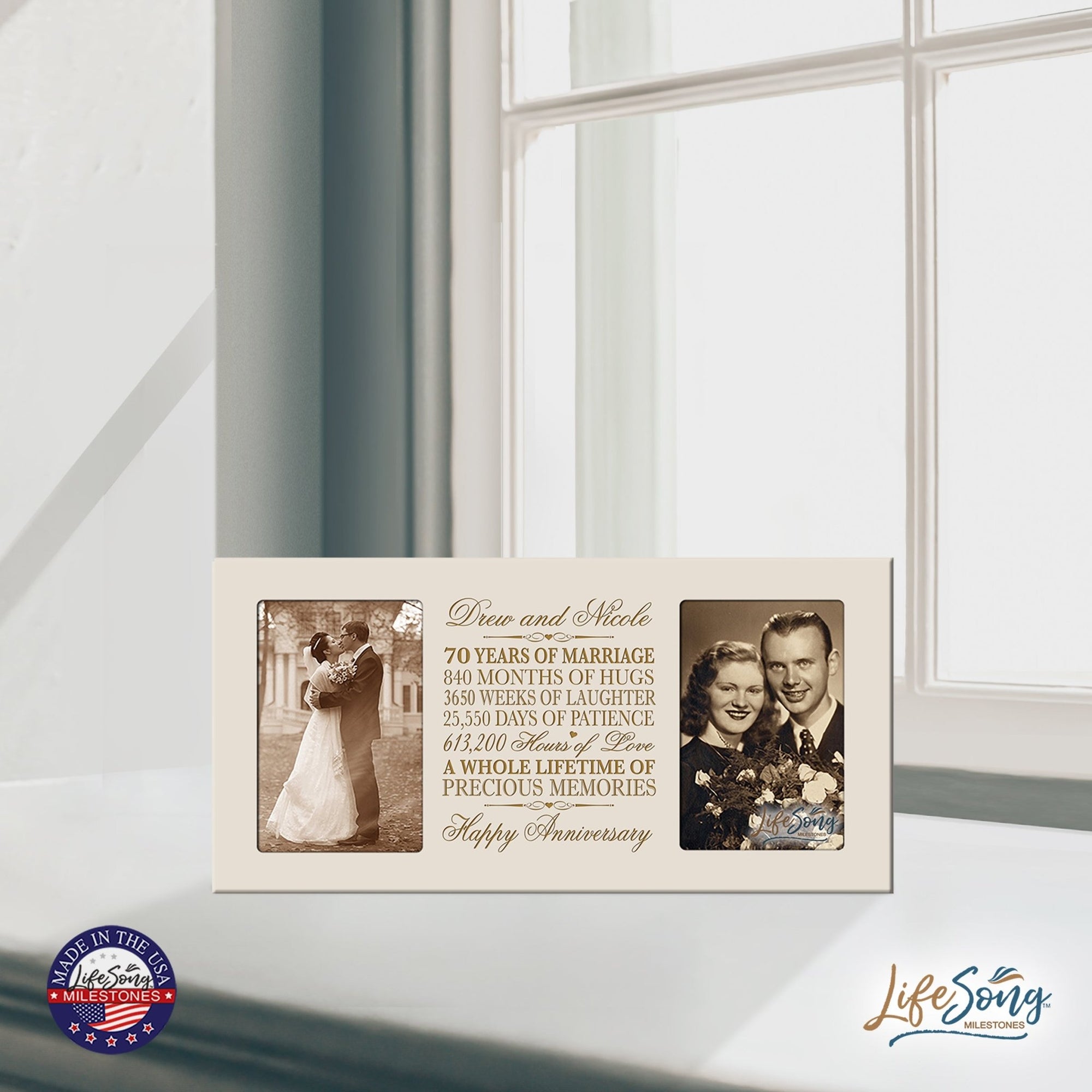Personalized 70th Anniversary Double Photo Frame - Happy Anniversary - LifeSong Milestones