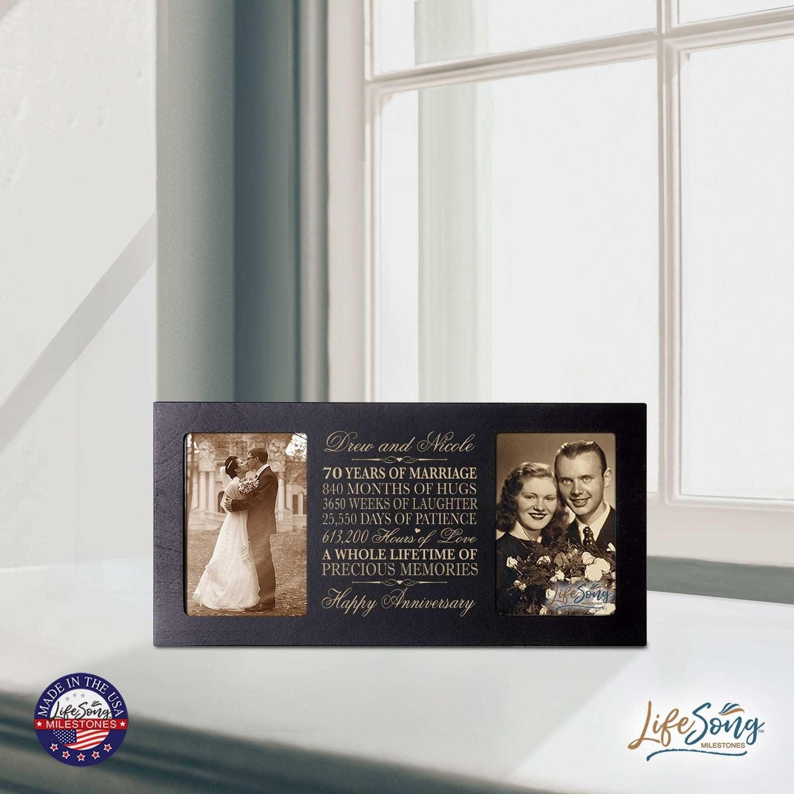 Personalized 70th Anniversary Double Photo Frame - Happy Anniversary - LifeSong Milestones