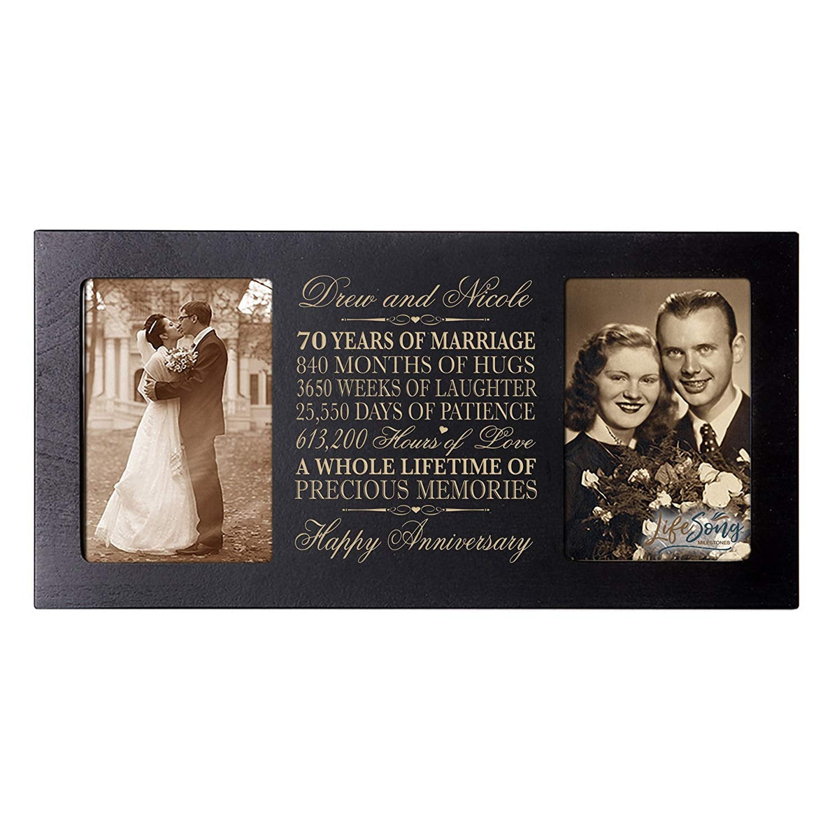 Personalized 70th Anniversary Double Photo Frame - Happy Anniversary - LifeSong Milestones