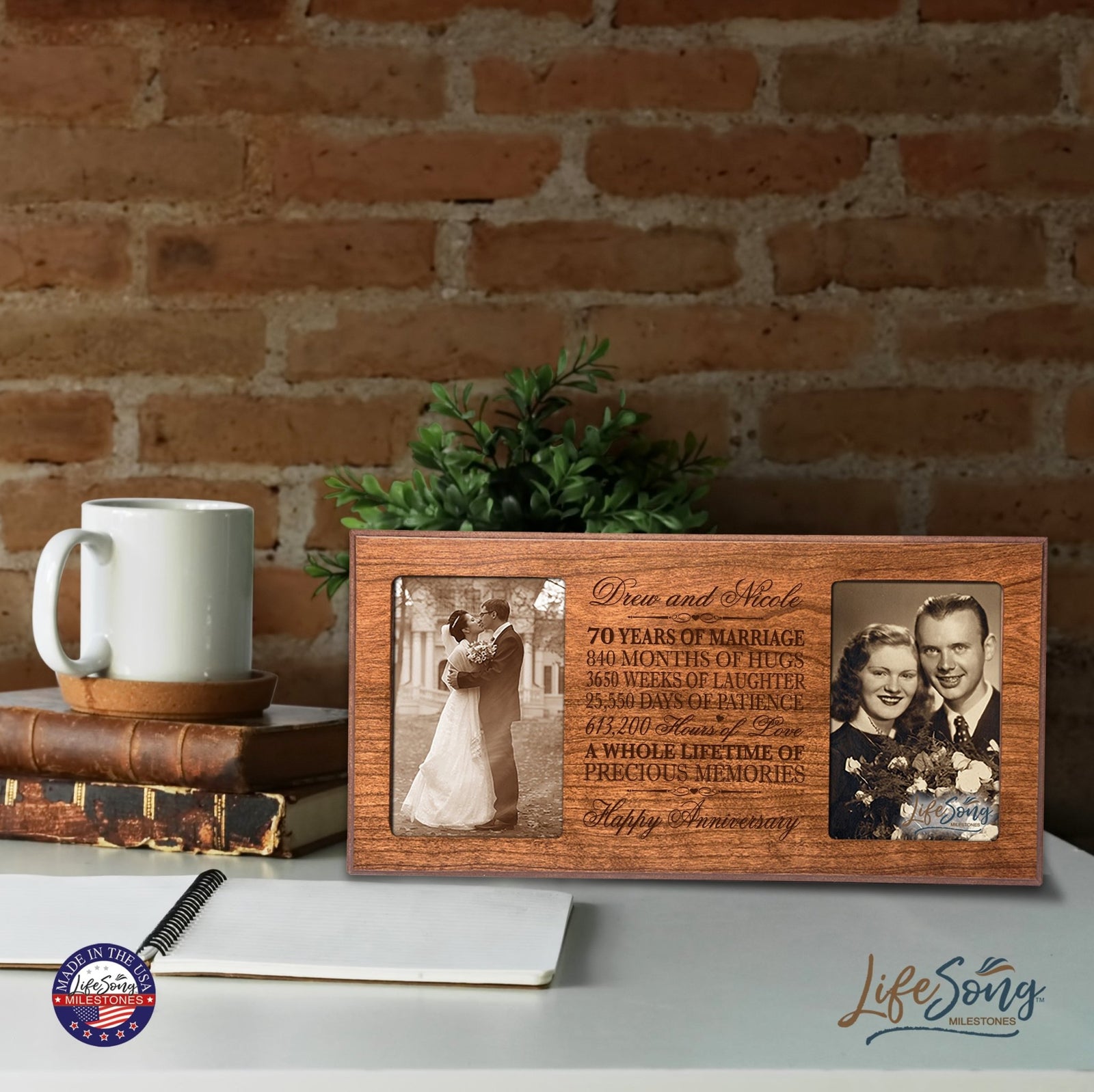 Personalized 70th Anniversary Double Photo Frame - Happy Anniversary - LifeSong Milestones
