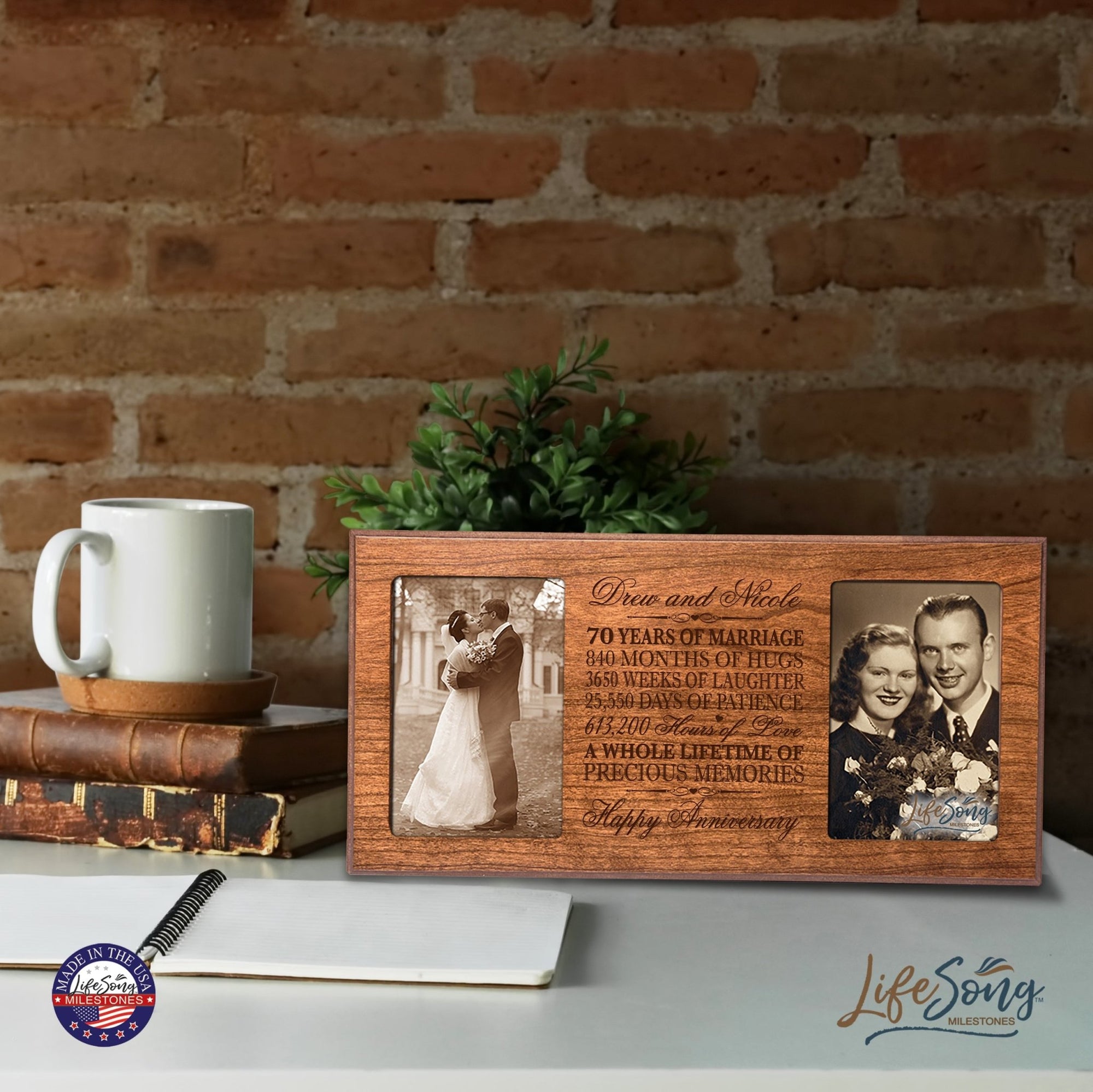 Personalized 70th Anniversary Double Photo Frame - Happy Anniversary - LifeSong Milestones