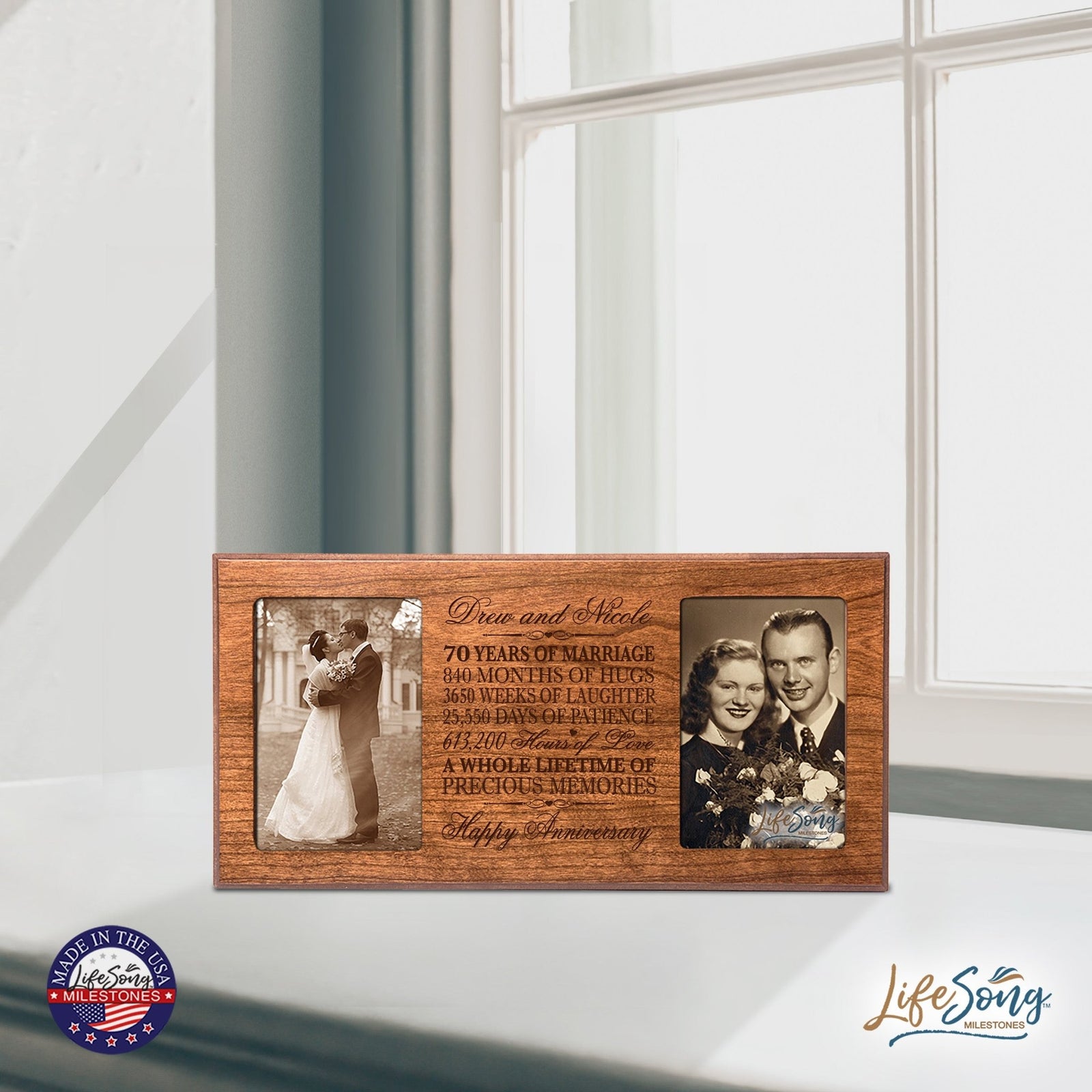 Personalized 70th Anniversary Double Photo Frame - Happy Anniversary - LifeSong Milestones