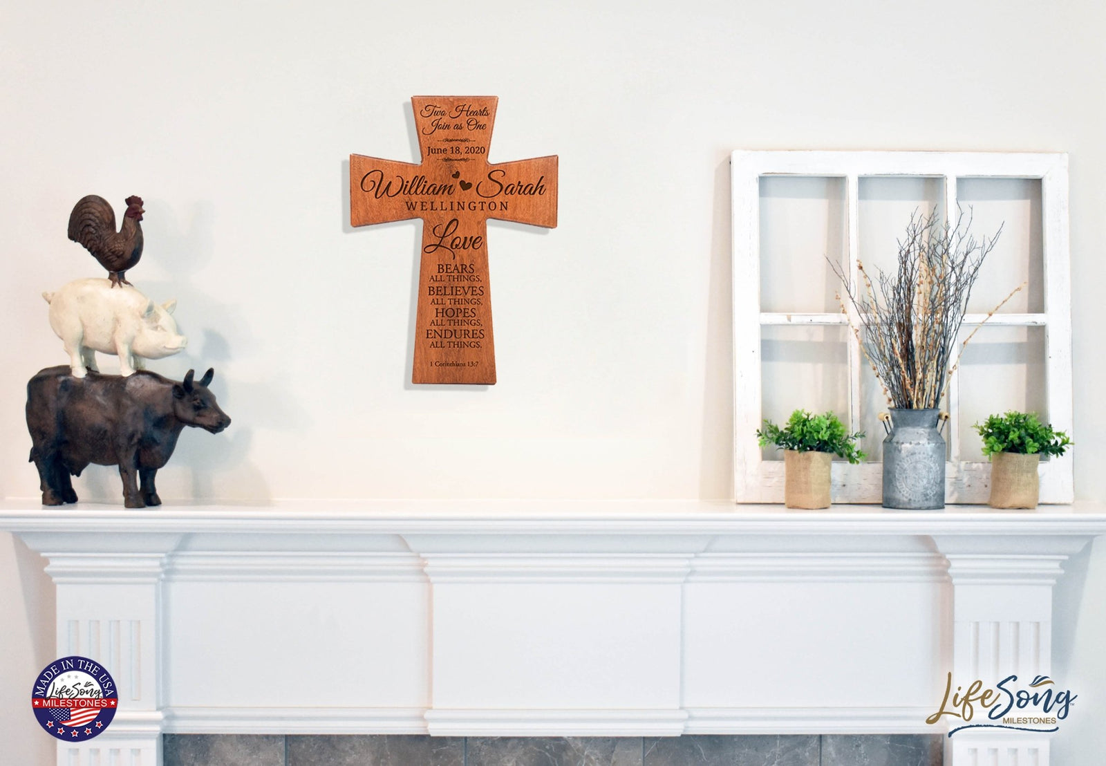 Personalized 7x11 Wall Hanging Cross for Wedding and Anniversary – Love bears all things (HEARTS) - LifeSong Milestones