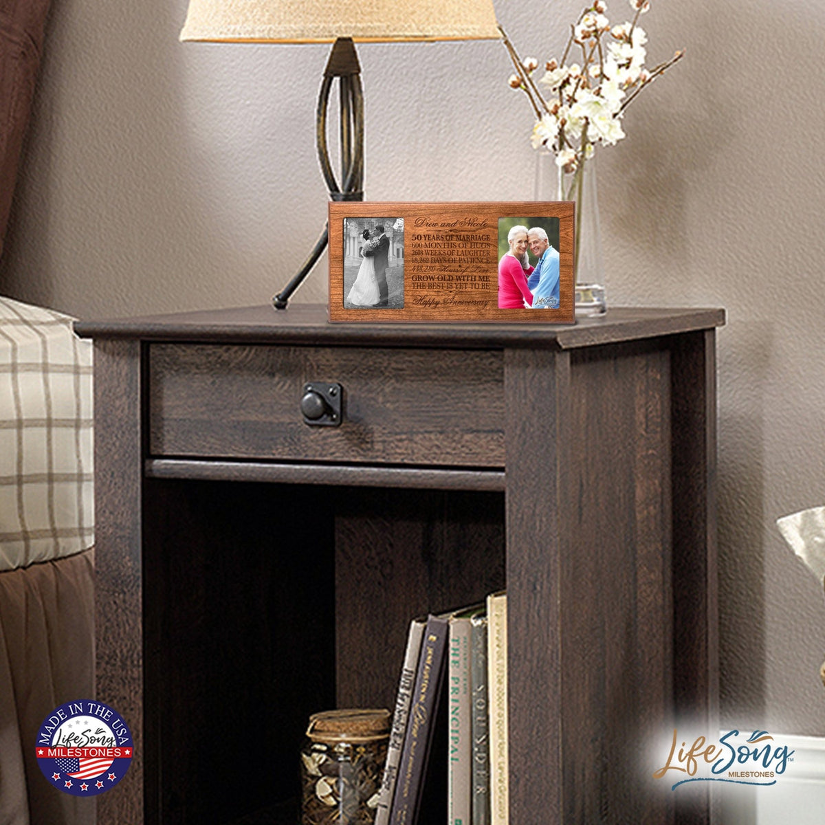 Detailed close-up of wood texture and engraving on personalized 50th wedding anniversary double picture frame, highlighting craftsmanship