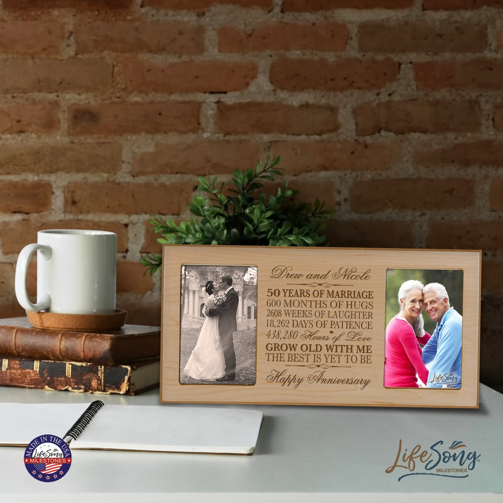 Maple finish version of personalized 50th wedding anniversary double picture frame, elegant keepsake for celebrating 50 years of love
