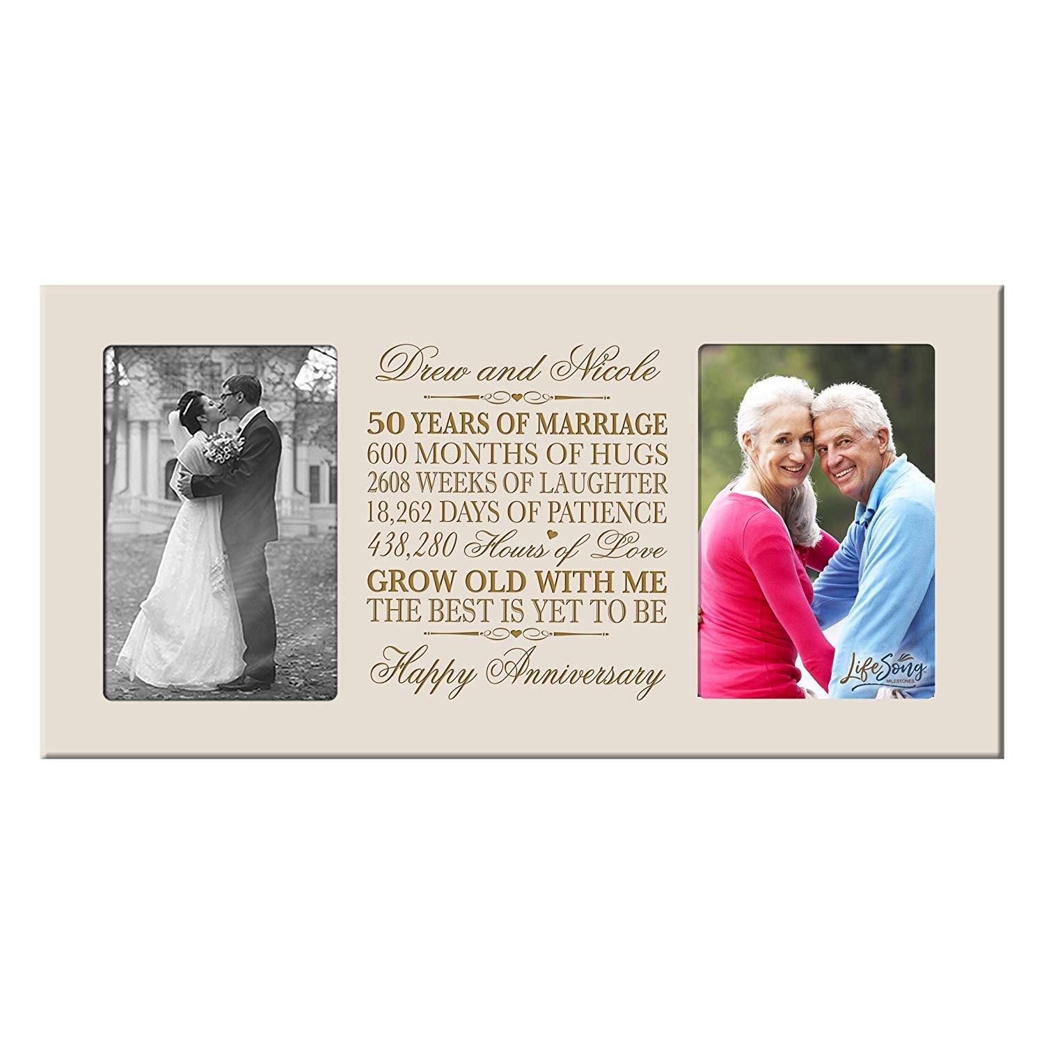 laser-engraved “50 Years” text and couple’s names on personalized anniversary double picture frame