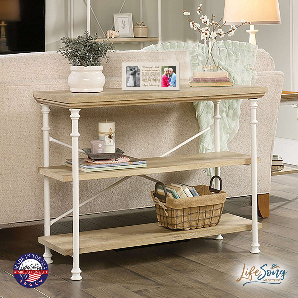 Personalized 50th wedding anniversary double picture frame displayed with matching wall plaque and candle holder, complete golden milestone gift set