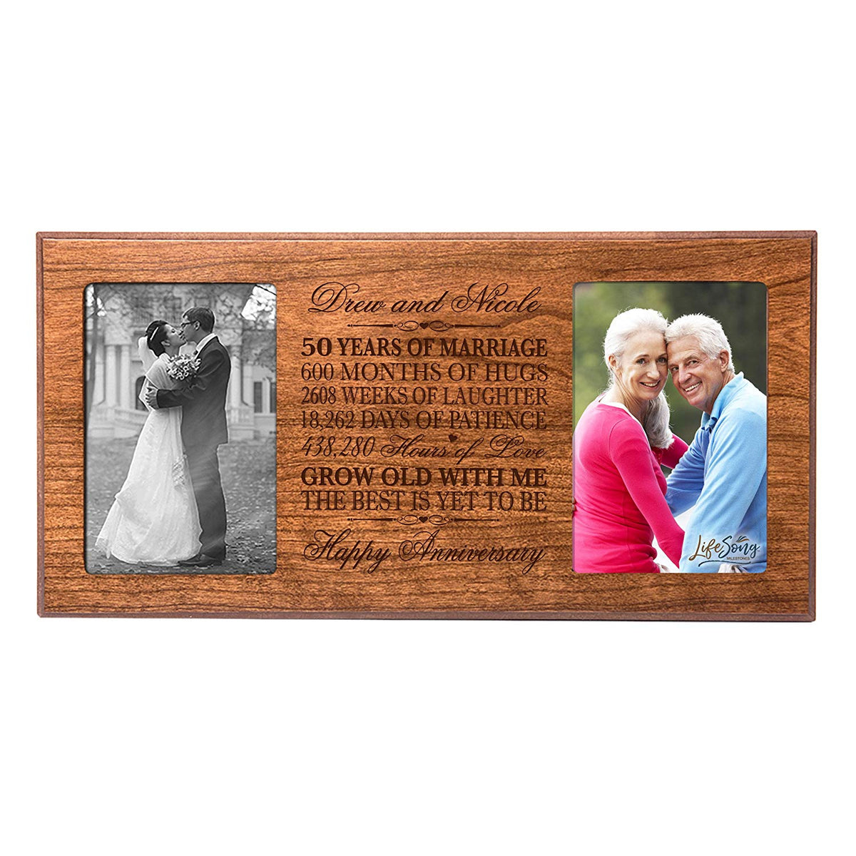 cherry wood 50th anniversary double picture frame, personalized keepsake for couples celebrating 50 years of love