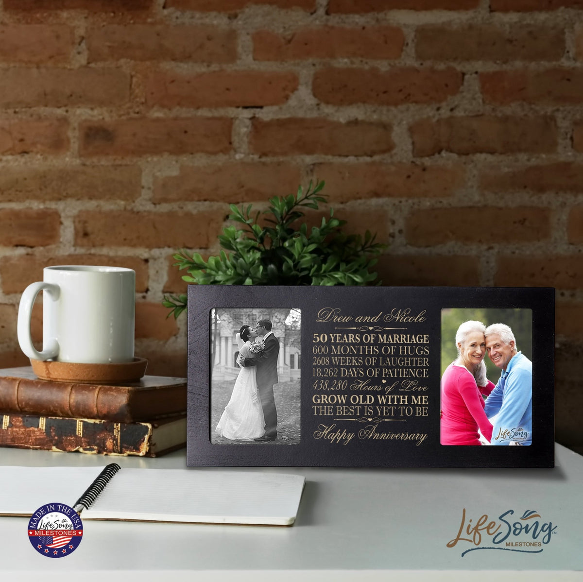50th wedding anniversary double picture frame holding two vertical 4x6 photos, crafted in premium re-engineered wood