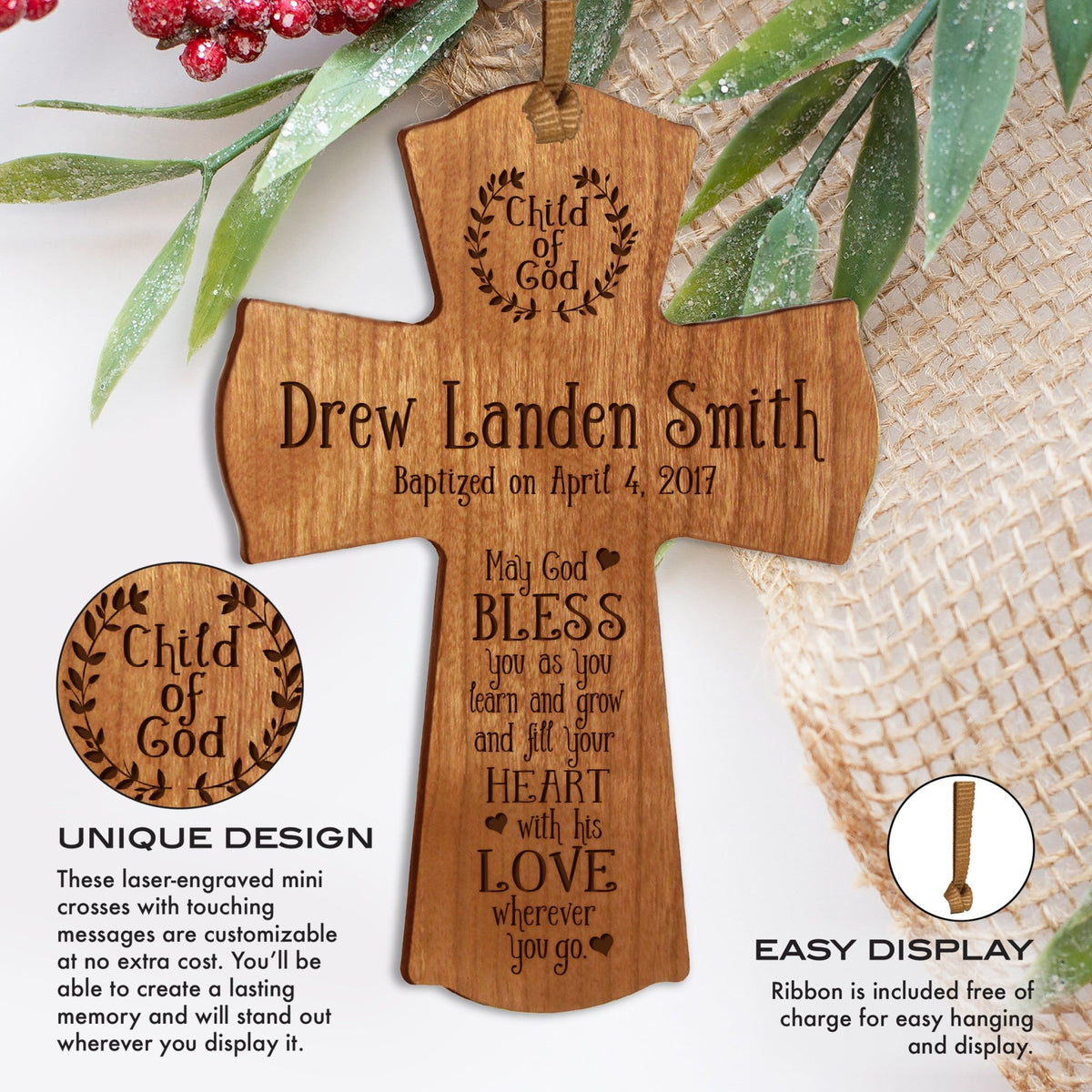 Personalized Baby Baptism Christening Gift Ideas Cross Ornament - May God Bless - LifeSong Milestones