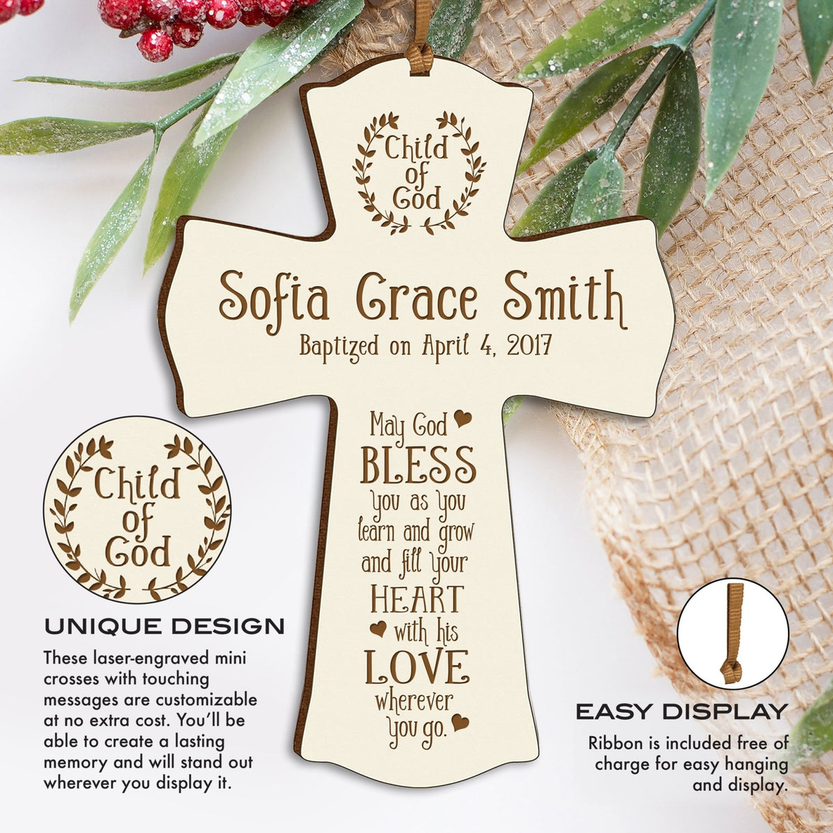 Personalized Baby Baptism Christening Gift Ideas Cross Ornament - May God Bless - LifeSong Milestones