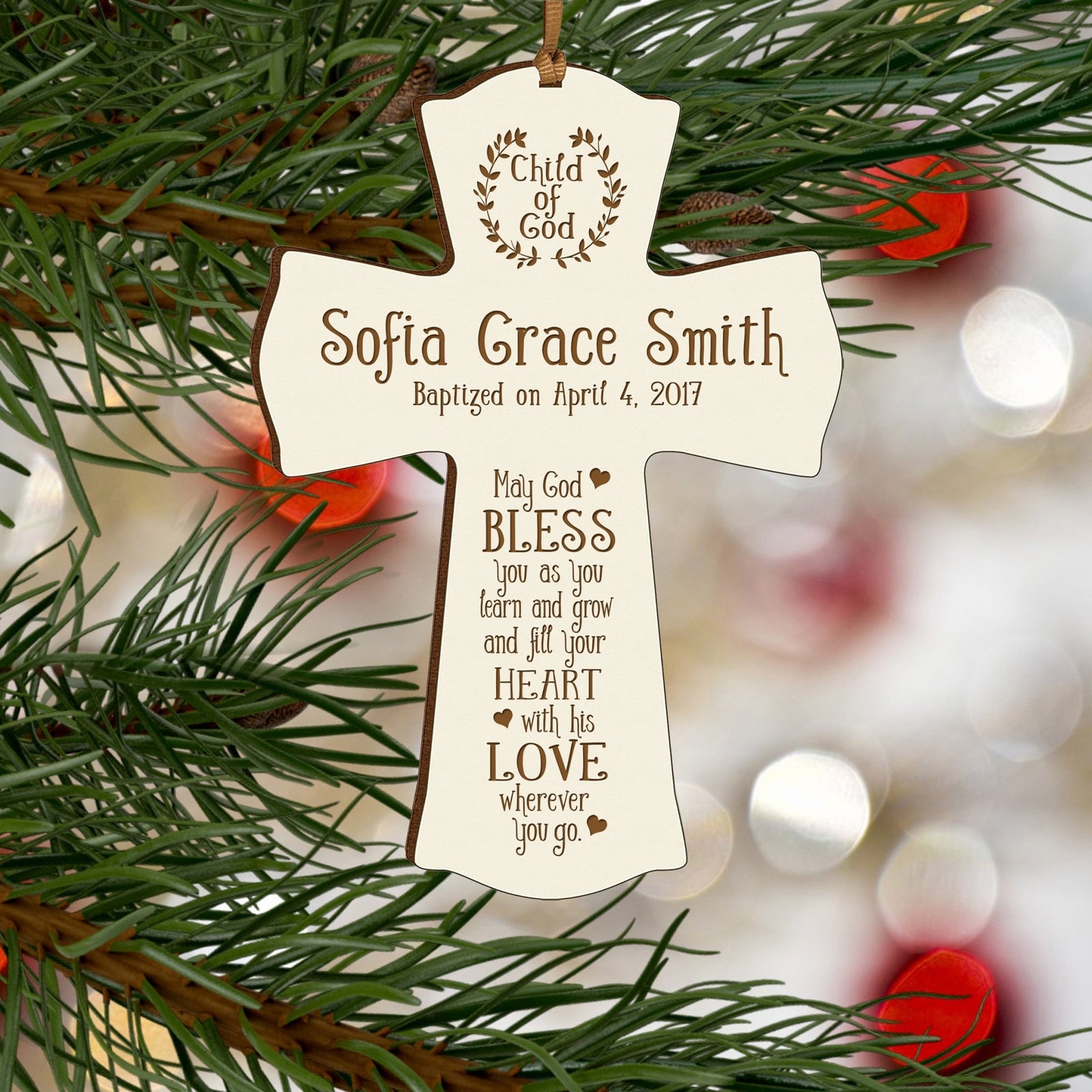 Personalized Baby Baptism Christening Gift Ideas Cross Ornament - May God Bless - LifeSong Milestones