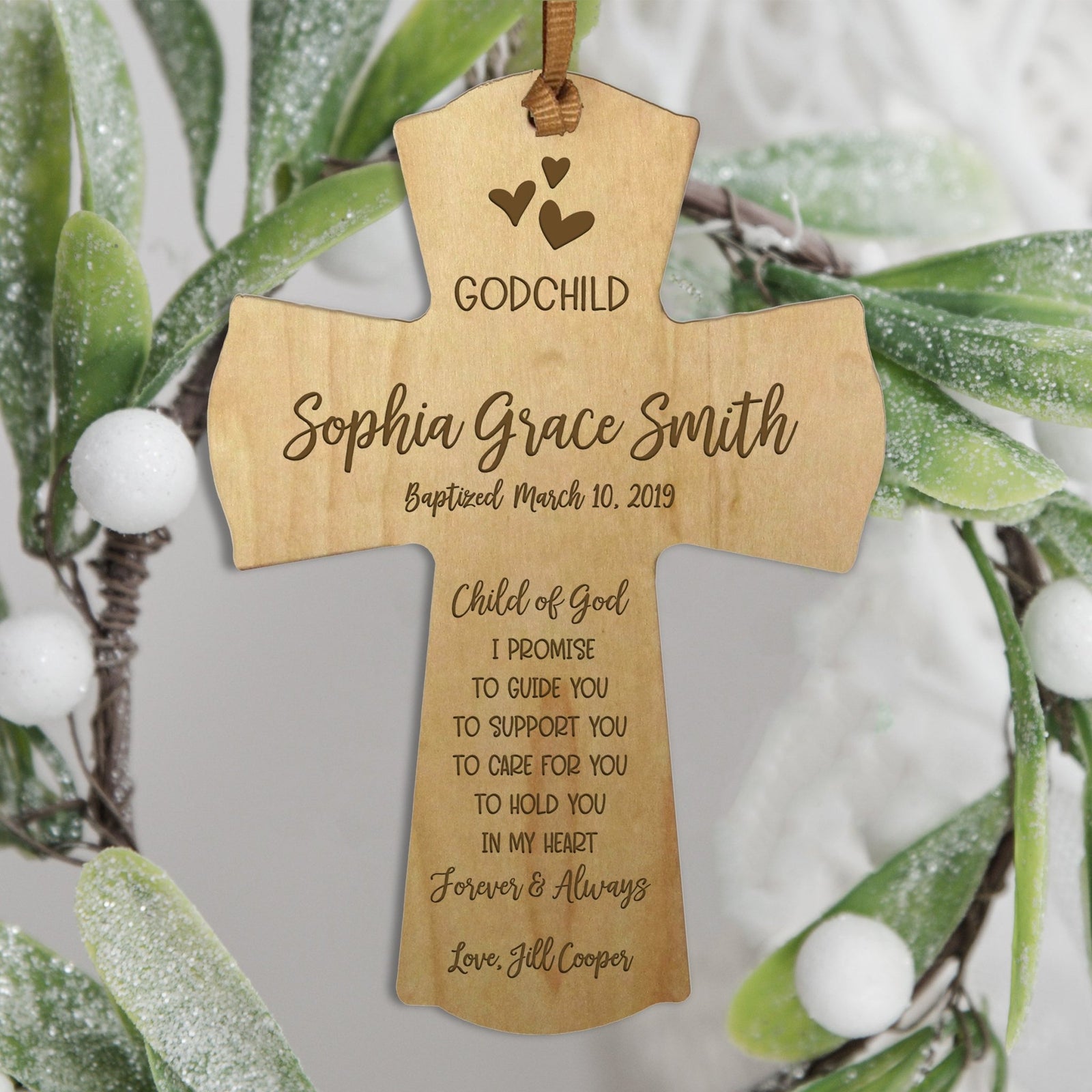 Personalized Baby Baptism Cross Ornament - I Promise To Guide - LifeSong Milestones