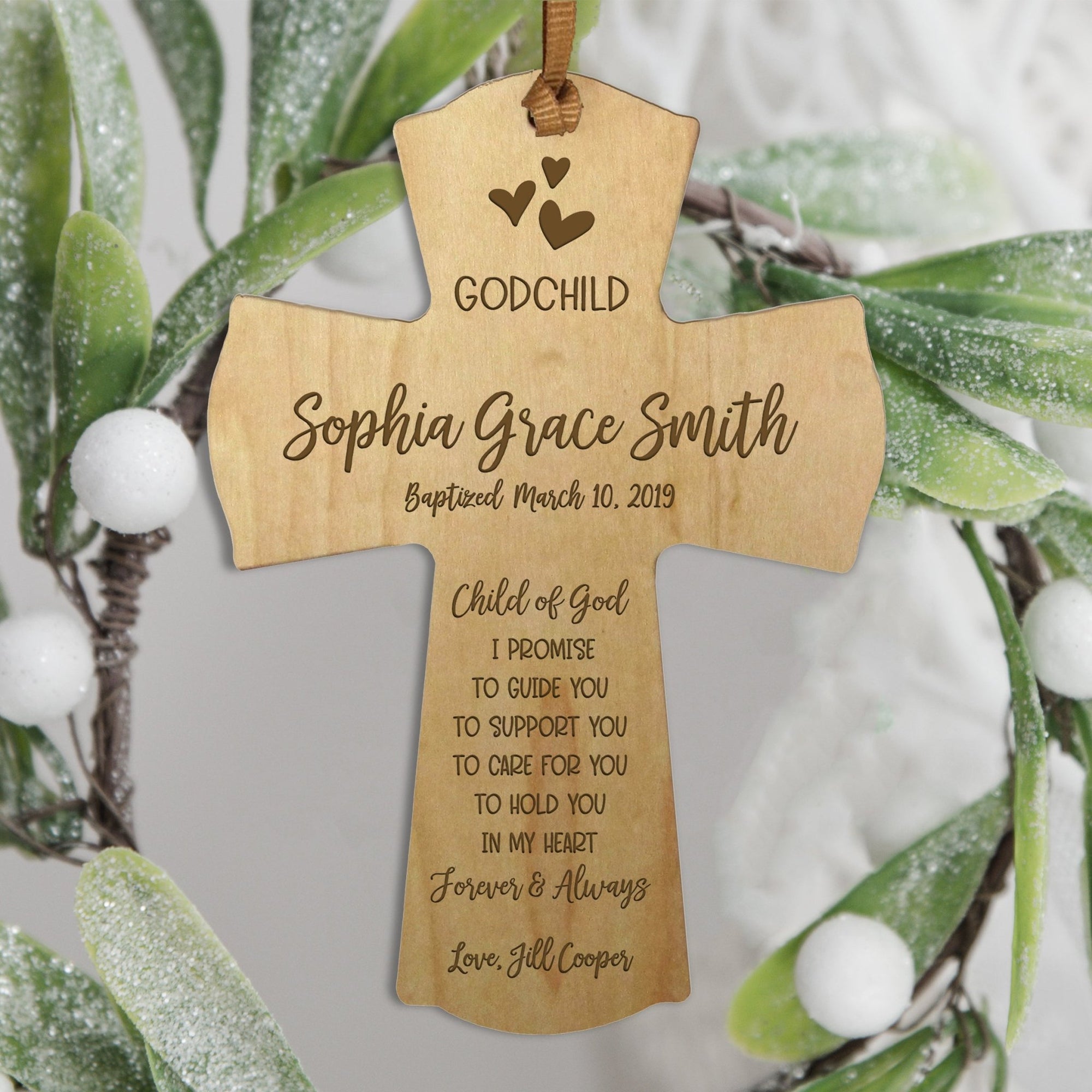 Personalized Baby Baptism Cross Ornament - I Promise To Guide - LifeSong Milestones