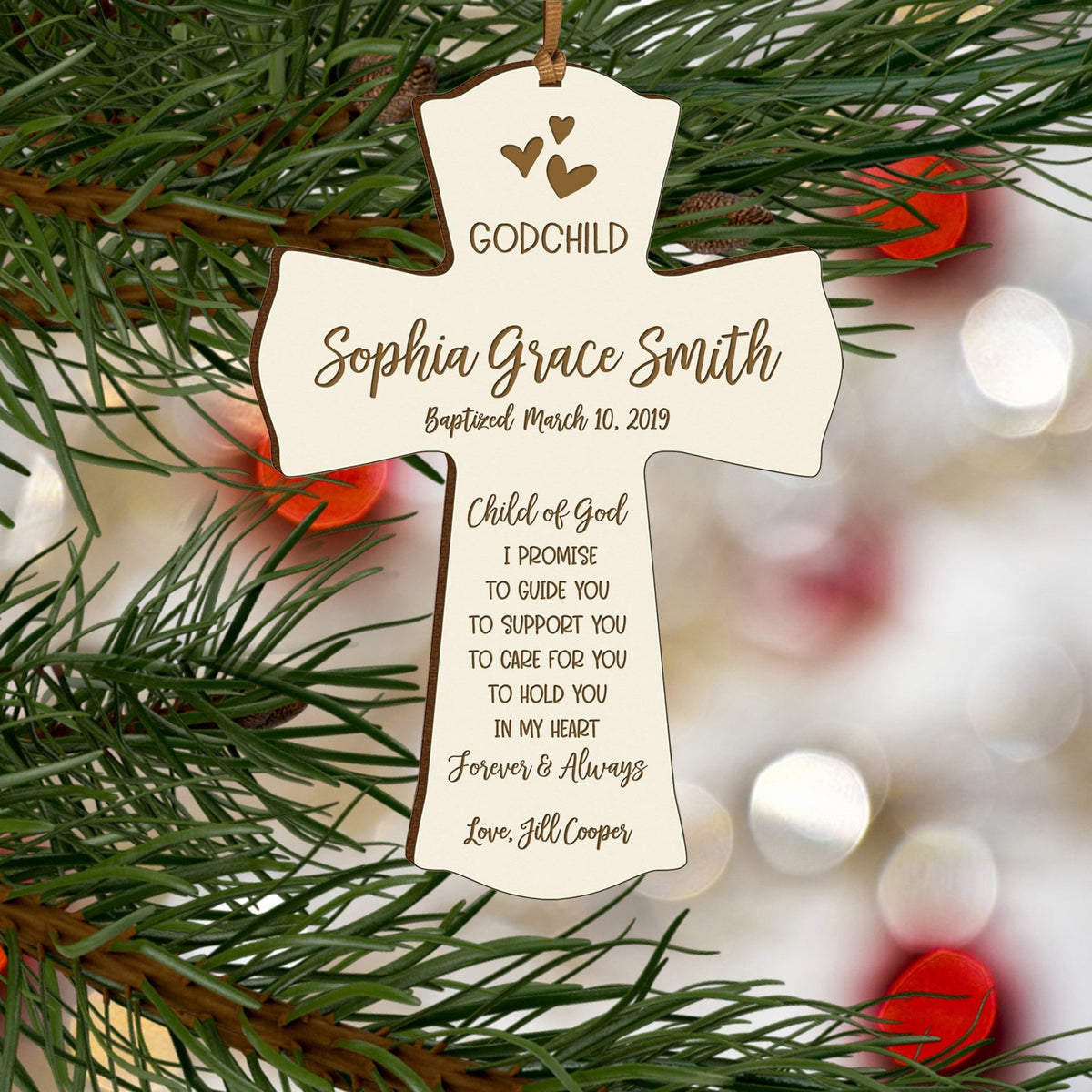 Personalized Baby Baptism Cross Ornament - I Promise To Guide - LifeSong Milestones