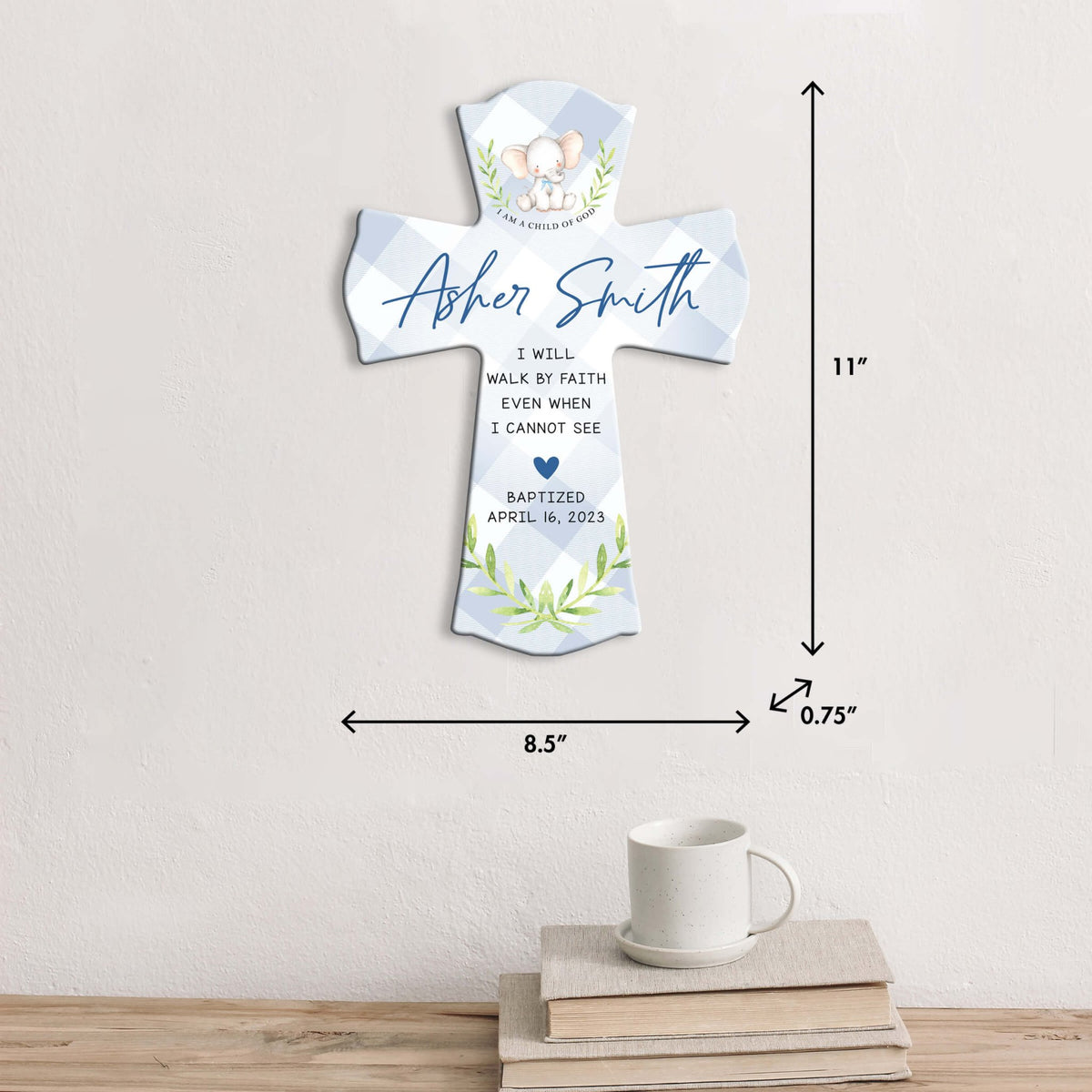 Personalized Baby Baptism Wooden Wall Cross - I Will Walk By Faith - LifeSong Milestones